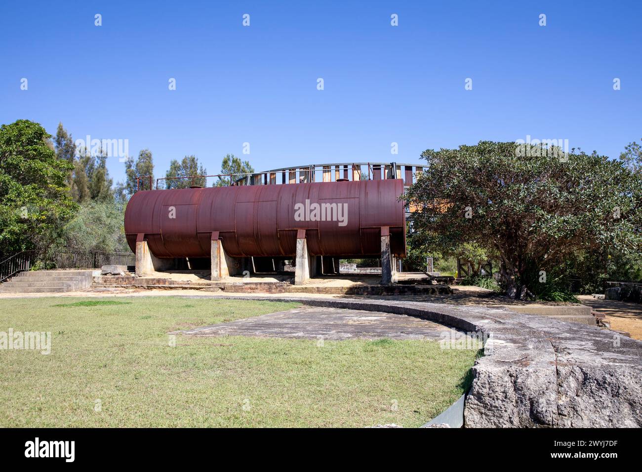 Ballast Point park and its industrial past includes tank 101 and oil storage tanks from refinery days,Sydney harbour,NSW,Australia Stock Photo