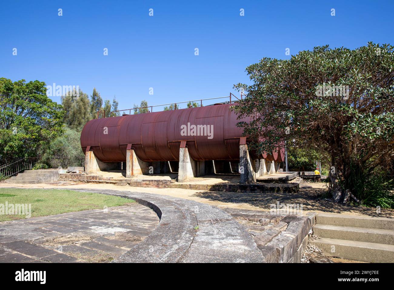 Ballast Point park and its industrial past includes tank 101 and oil storage tanks from refinery days,Sydney harbour,NSW,Australia Stock Photo