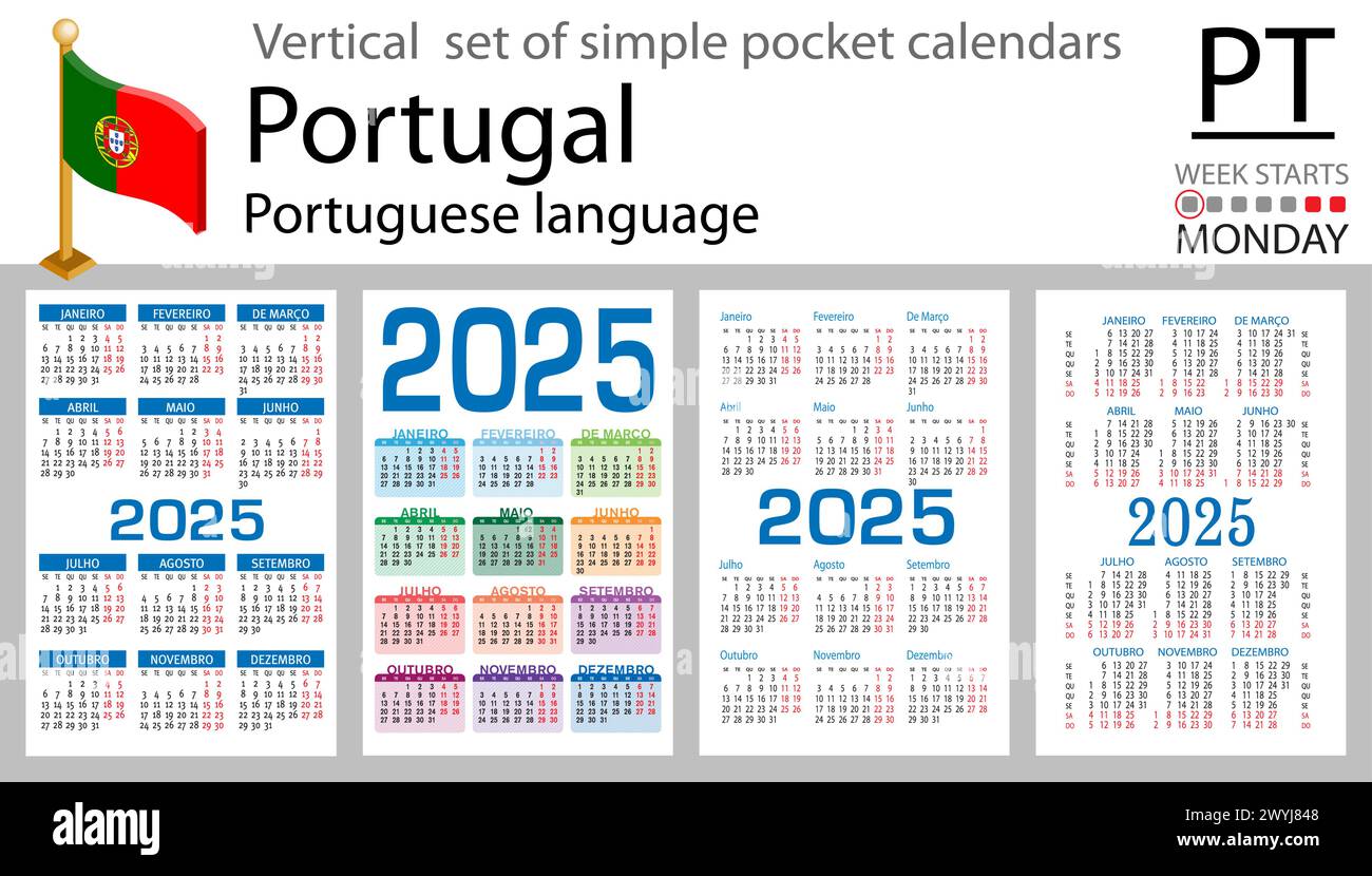Portuguese vertical set of pocket calendar for 2025 (two thousand