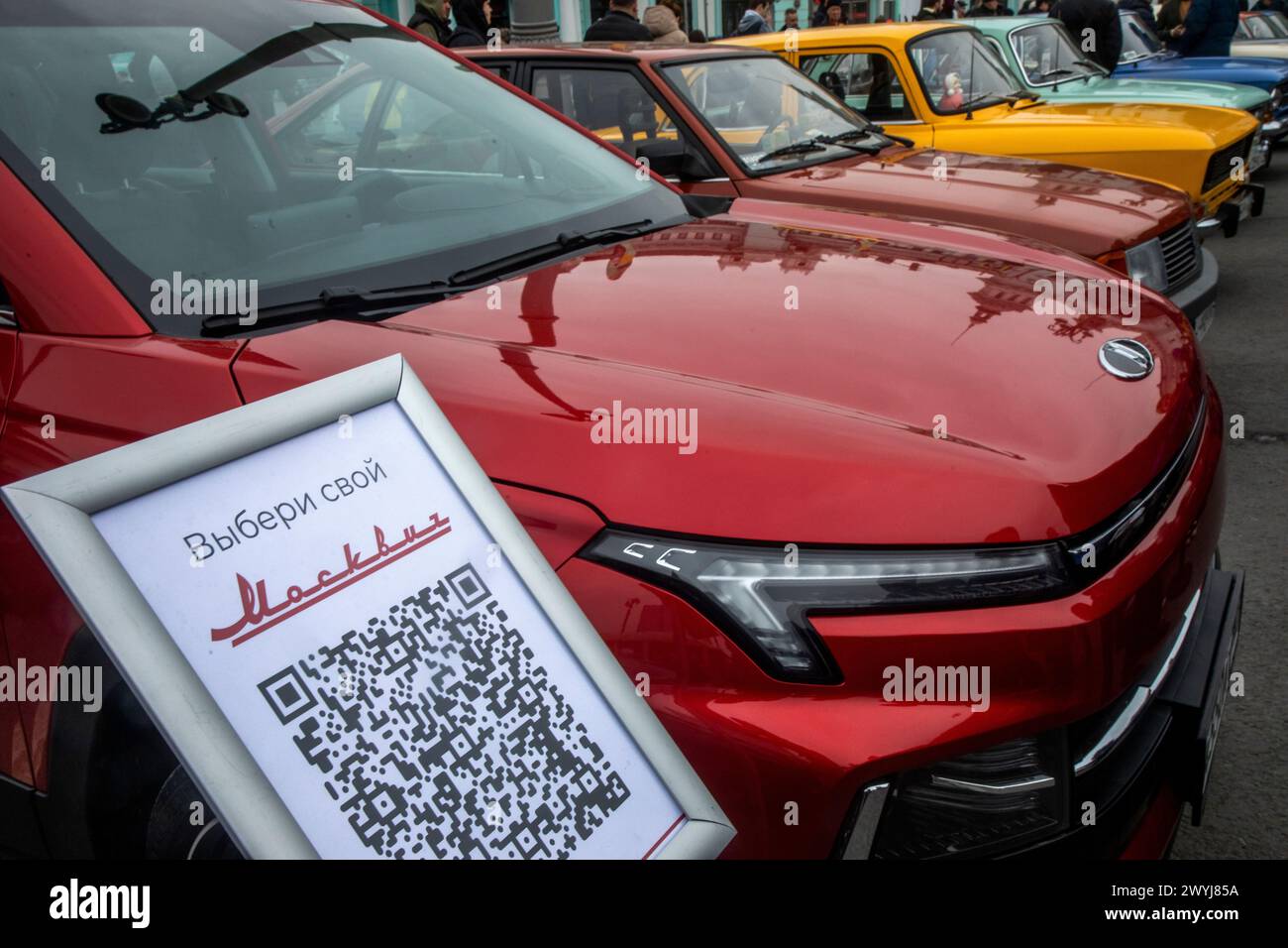 Moscow, Russia. 6th of April, 2024. Moskvich cars of different years of manufacture on display during the parade of retro trams on Tverskaya Zastava Square in the center of Moscow city, Russia Stock Photo