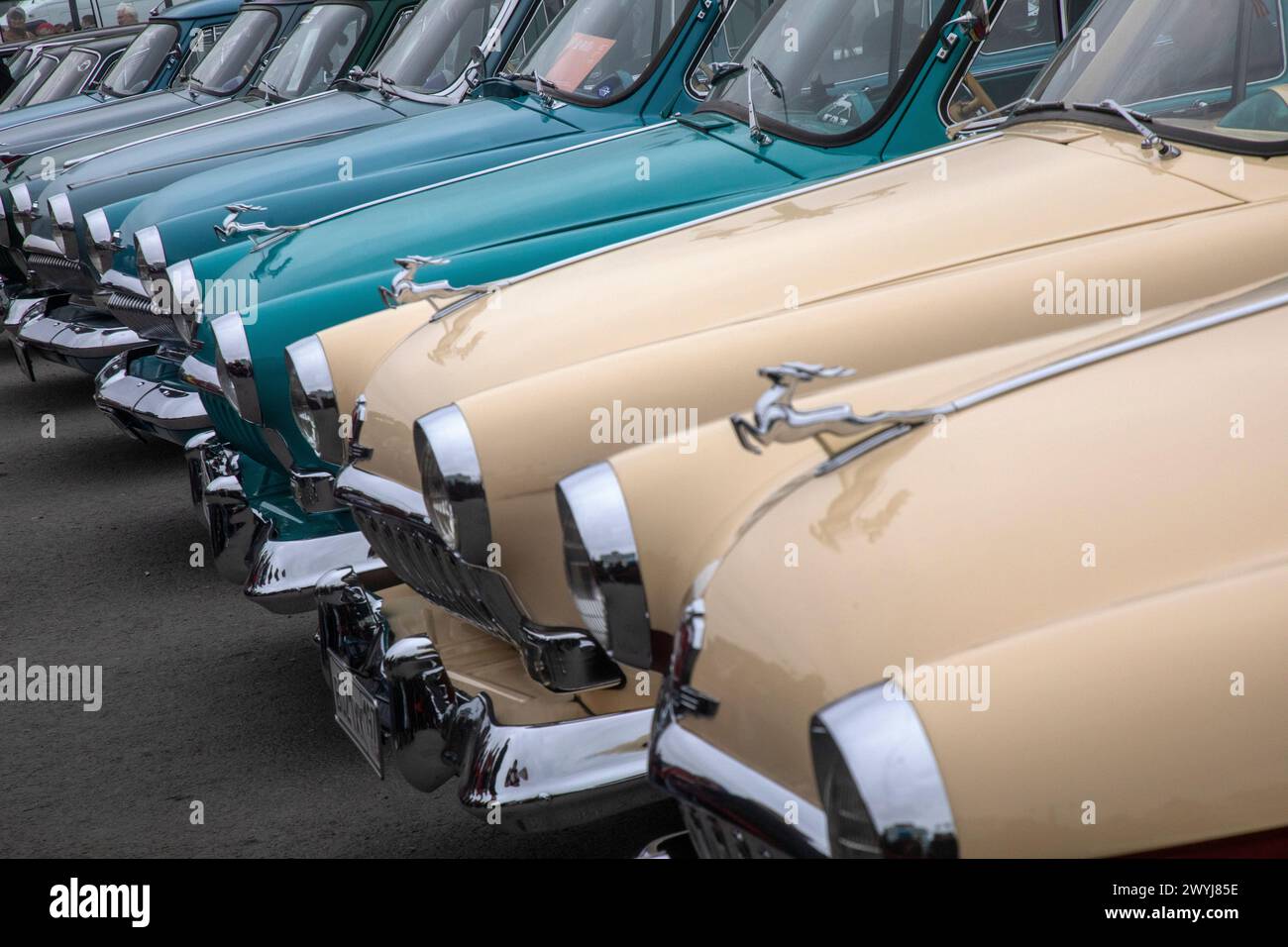 Old soviet retro Volga GAZ-21 cars stand on a street in Moscow, Russia Stock Photo