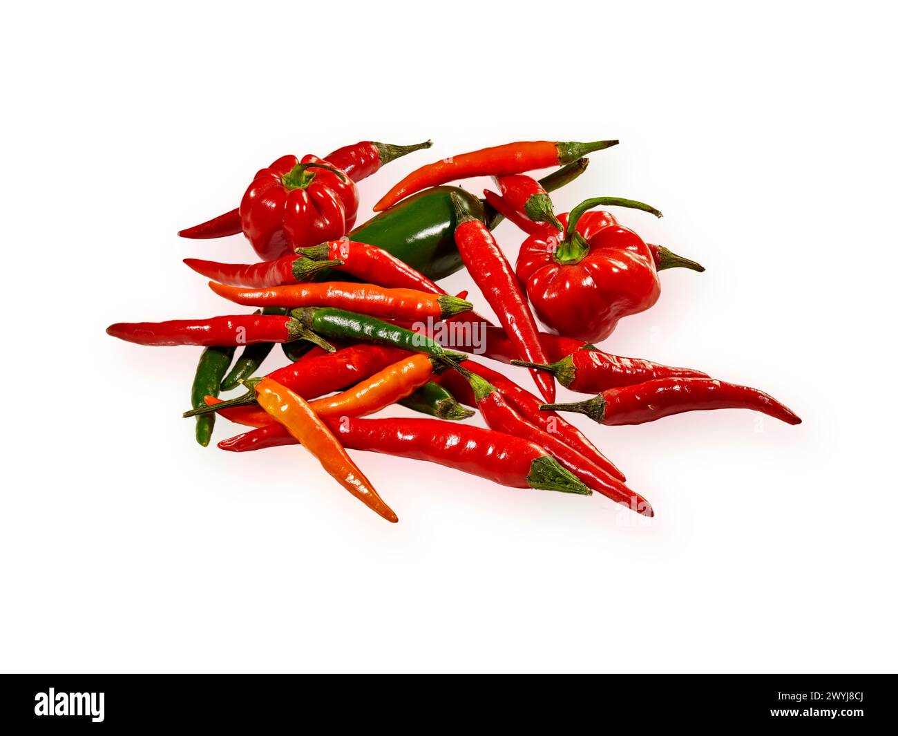 A mixture of red and green chili and peppers, isolated on a white ...