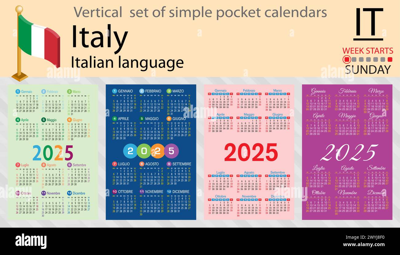 Italian vertical set of pocket calendar for 2025 (two thousand twenty