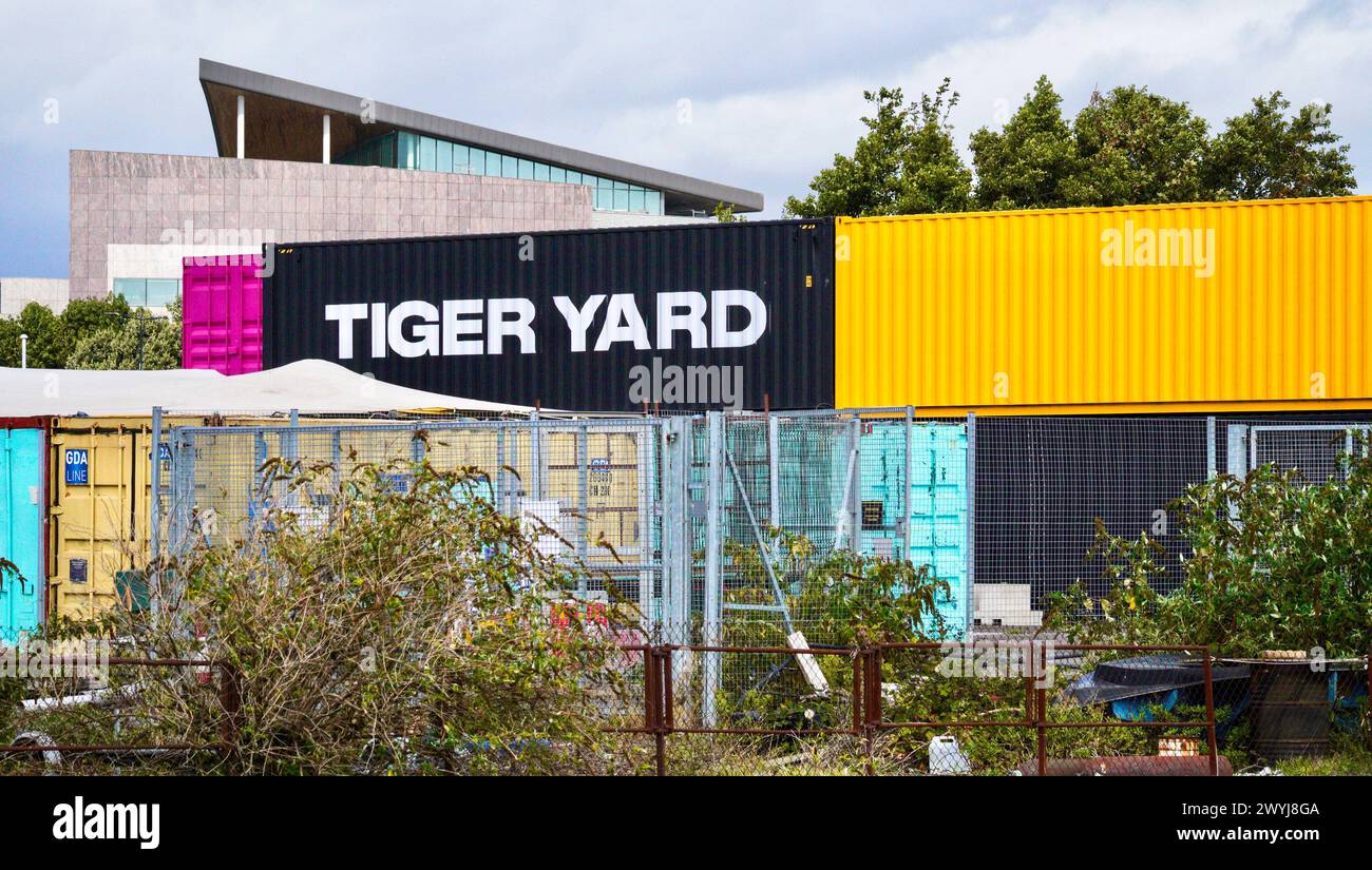 Cardiff Bay, Cardiff, Wales Sept 25 2023: Located in the heart of the redeveloped dock land, Tiger Yard is a vibrant outdoor food court in Cardiff Bay. Stock Photo