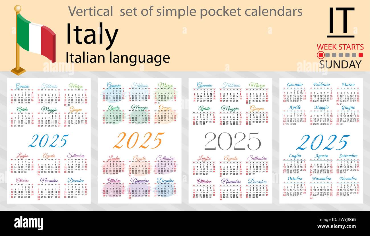 Italian vertical set of pocket calendar for 2025 (two thousand twenty ...