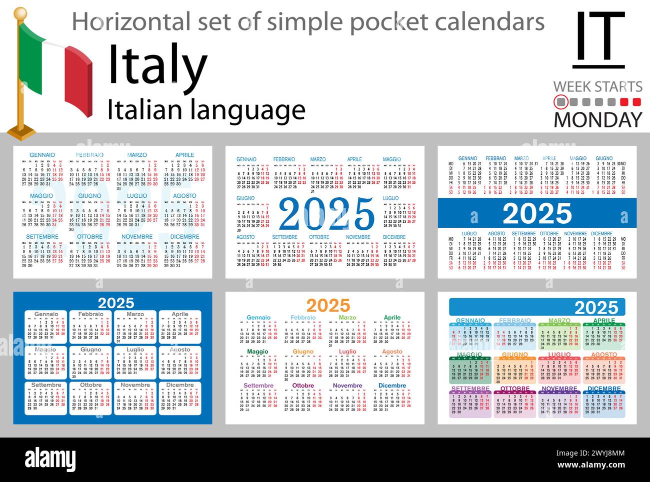 Italian horizontal set of pocket calendar for 2025 (two thousand twenty