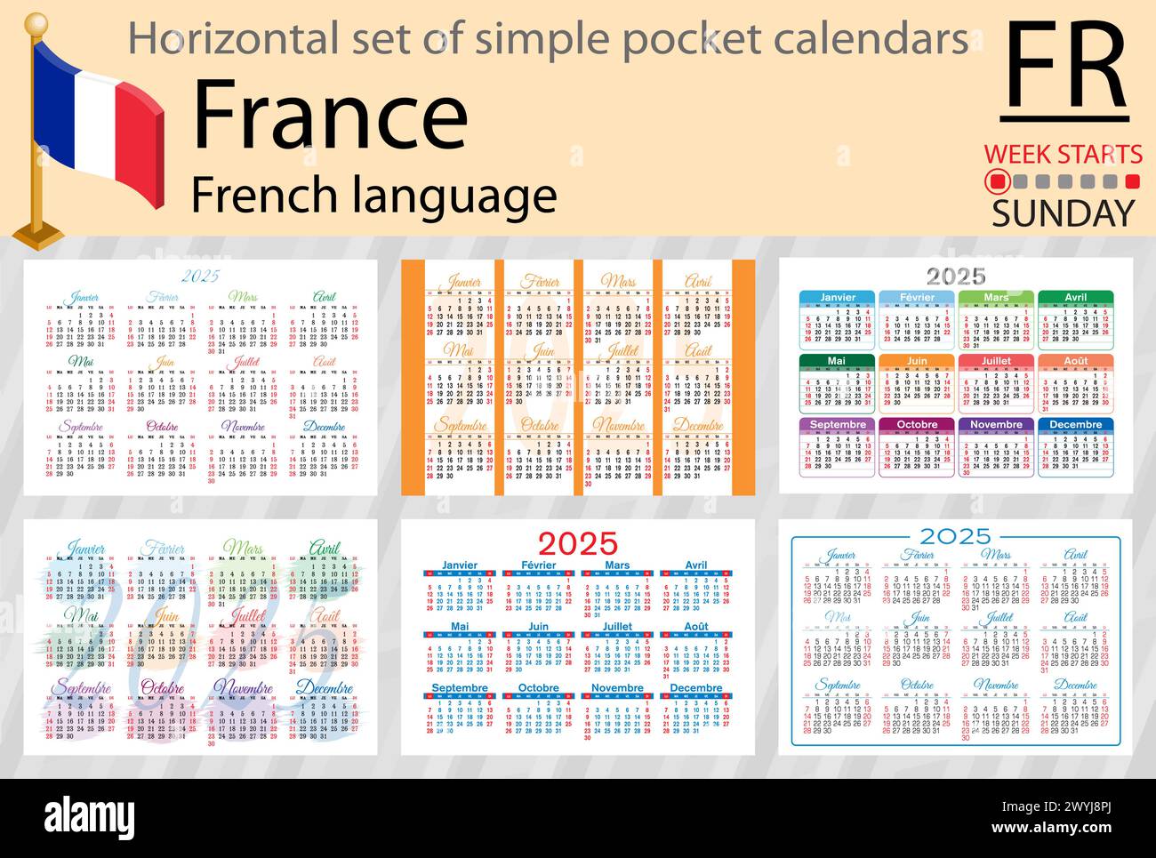 French horizontal set of pocket calendar for 2025 (two thousand twenty