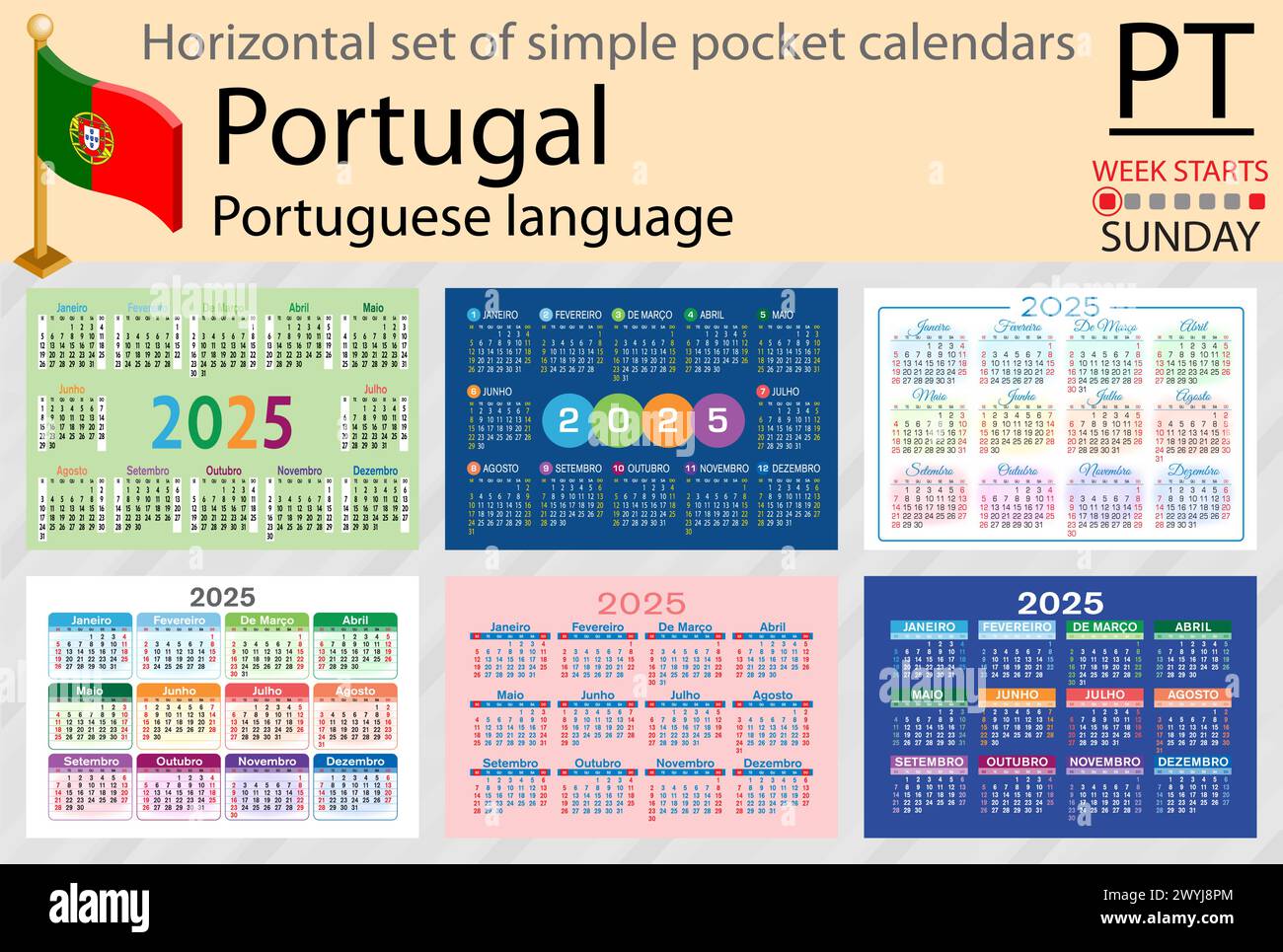 Portuguese horizontal set of pocket calendar for 2025 (two thousand twenty five). Week starts