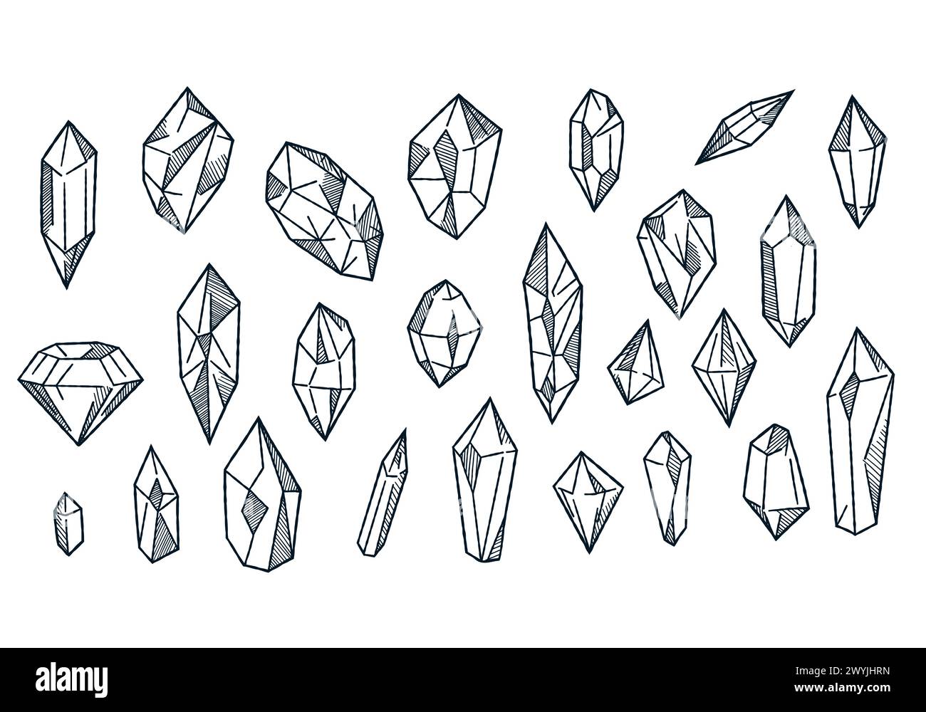Vector illustration of crystals in doodle style. A set of crystals. collection of simple graphic drawings of crystals, stones, diamonds. clipart isola Stock Vector
