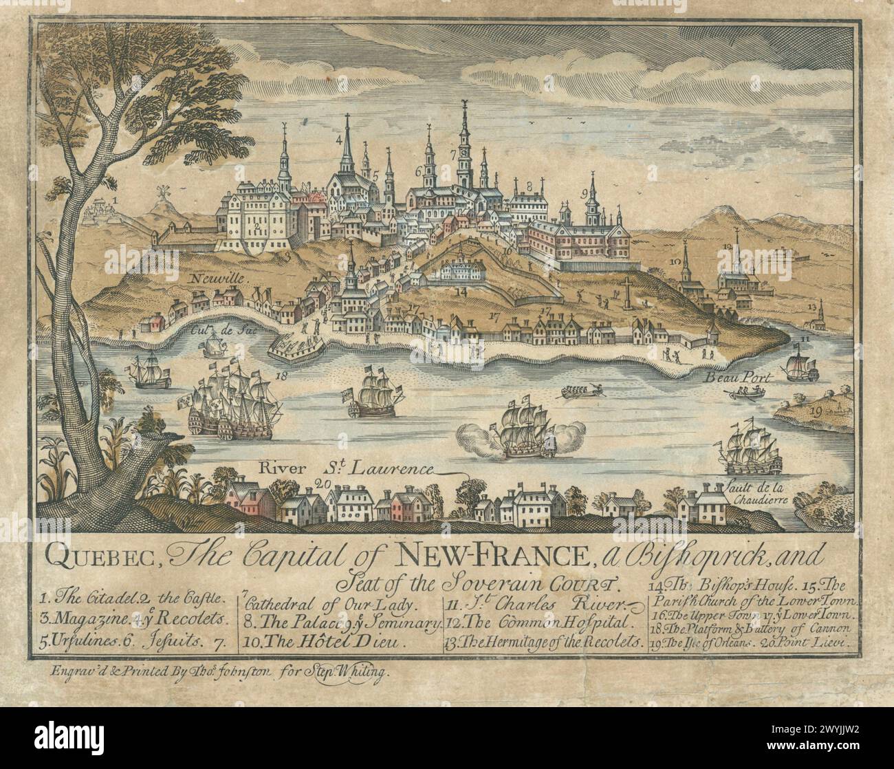Vintage Artwork:  Quebec The Capital of New France (Nouvelle France).  and Seat of the Sovereign Court, 1759. Engraved and printed by Thomas Johnston and published by Stephen Whiting in Boston. This view of Quebec  based on a French map published forty years earlier, ca. 1720 Stock Photo