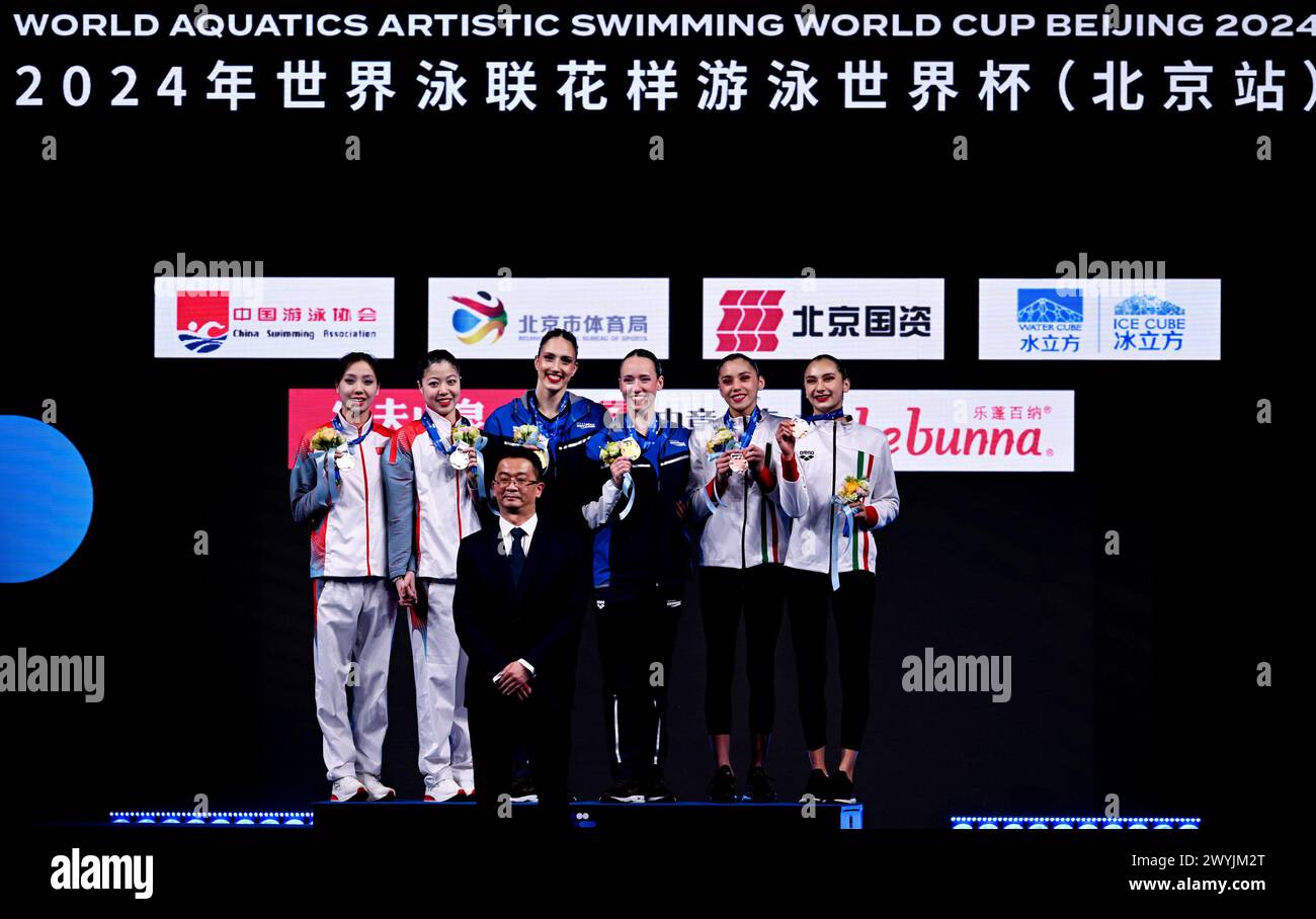 Beijing, China. 7th Apr, 2024. Gold medalists Shelly Bobritsky (top 3rd R)/Ariel Nassee (top 3rd L) of Israel, silver medalists Lin Yanhan (top 2nd L)/Xu Huiyan (top 1st L) of China and bronze medalists Daniela Avila Villa (top 2nd R)/Fernanda Carmona Vazquez (top 1st R) of Mexico pose during the awarding ceremony for the women duet free event at the World Aquatics Artistic Swimming World Cup 2024 in Beijing, capital of China, April 7, 2024. Credit: Xia Yifang/Xinhua/Alamy Live News Stock Photo