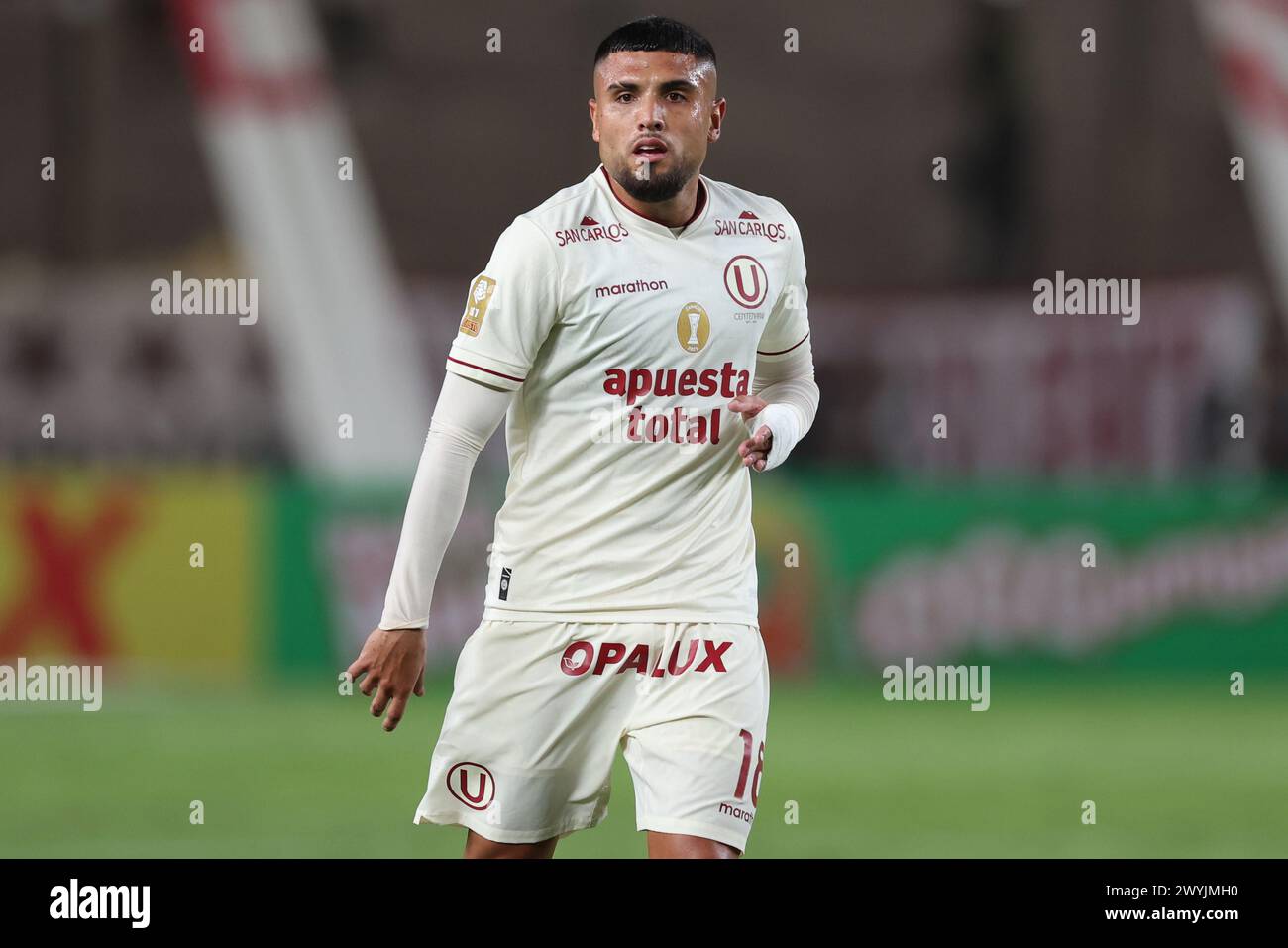 Lima, Peru. 06th Apr, 2024. Rodrigo Urena of Universitario de Deportes during the friendly match between Universitario de Deportes and Alianza Atletico played at Monumental Stadium on April 6, 2024 in Lima, Peru. (Photo by Miguel Marrufo/PRESSINPHOTO) Credit: PRESSINPHOTO SPORTS AGENCY/Alamy Live News Stock Photo