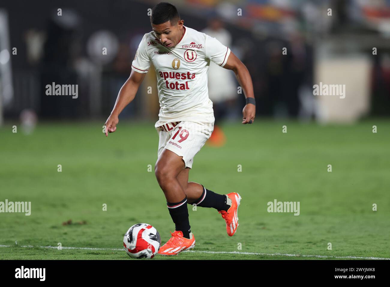 Lima, Peru. 06th Apr, 2024. Edison Flores of Universitario de Deportes during the friendly match between Universitario de Deportes and Alianza Atletico played at Monumental Stadium on April 6, 2024 in Lima, Peru. (Photo by Miguel Marrufo/PRESSINPHOTO) Credit: PRESSINPHOTO SPORTS AGENCY/Alamy Live News Stock Photo