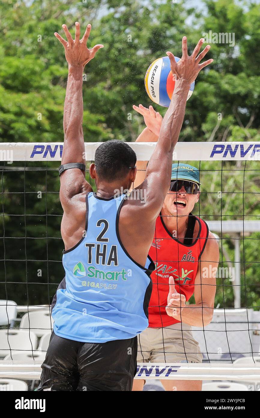 Laguna Province, Philippines. 7th Apr, 2024. Ben Hood (R) competes against Dunwinit Kaewsai during the men's bronze medal match between D'Artagnan Potts/Ben Hood of Australia and Surin Jongklang/Dunwinit Kaewsai of Thailand at the Asian Volleyball Confederation (AVC) Beach Volleyball Tour Nuvali Open in Laguna Province, the Philippines, on April 7, 2024. Credit: Rouelle Umali/Xinhua/Alamy Live News Stock Photo