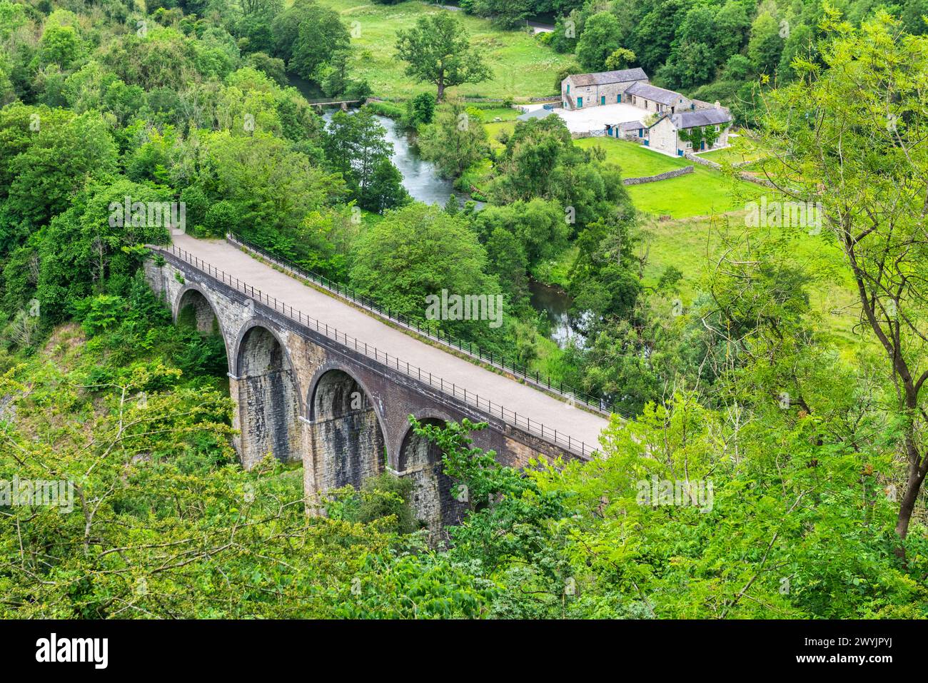 Monsal Head and Monsal Dale and the old railway viaduct over the river Wye in the Peak District in Derbyshire, England Stock Photo