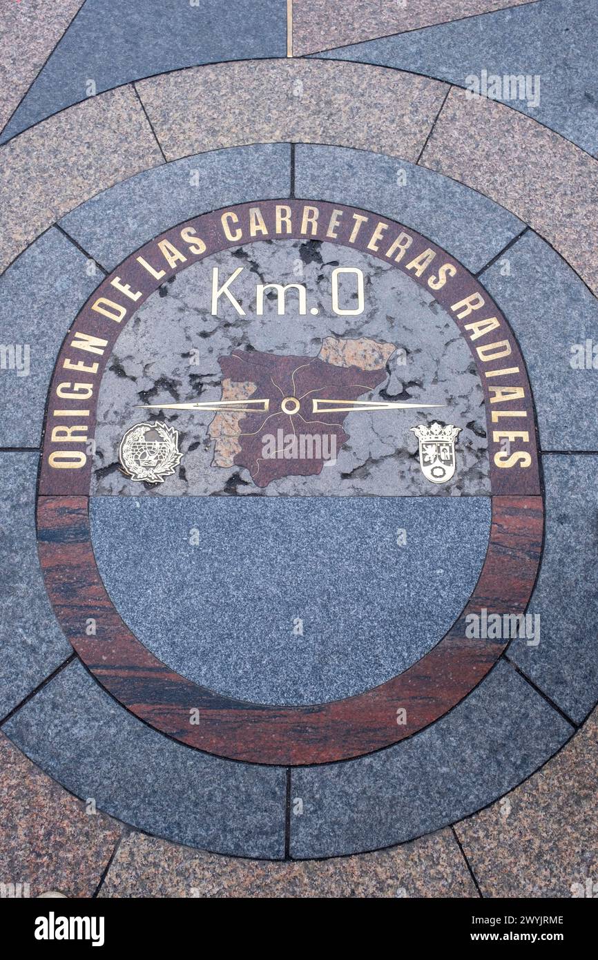 Spain, Madrid, Puerta del Sol, plaque in pavement with map and zero kilometre, zero kilometre stone, fundamental point, inscription Stock Photo