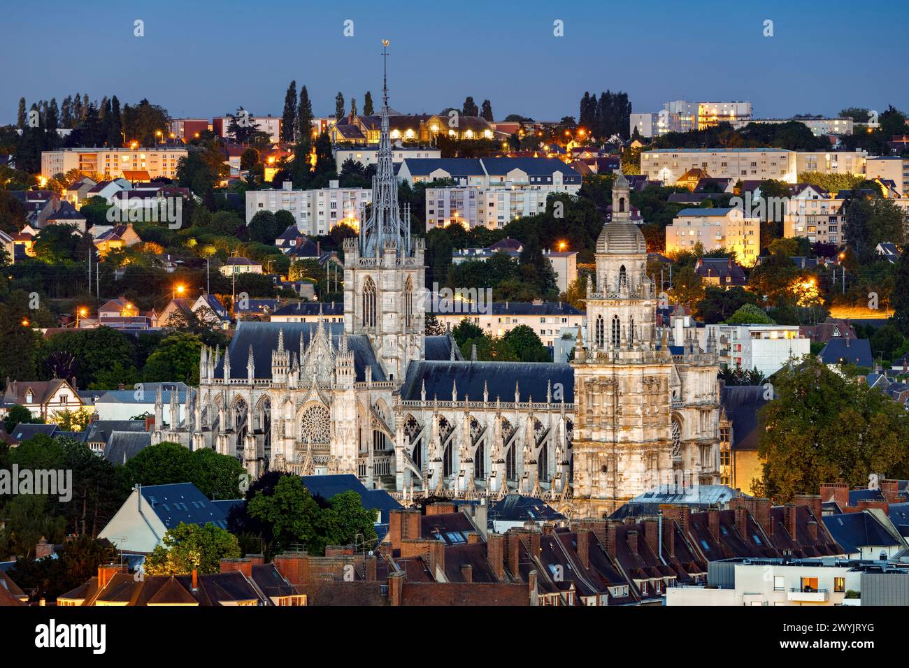 France, Eure, Evreux, elevated view of Notre-Dame Cathedral, illuminated at sunset Stock Photo