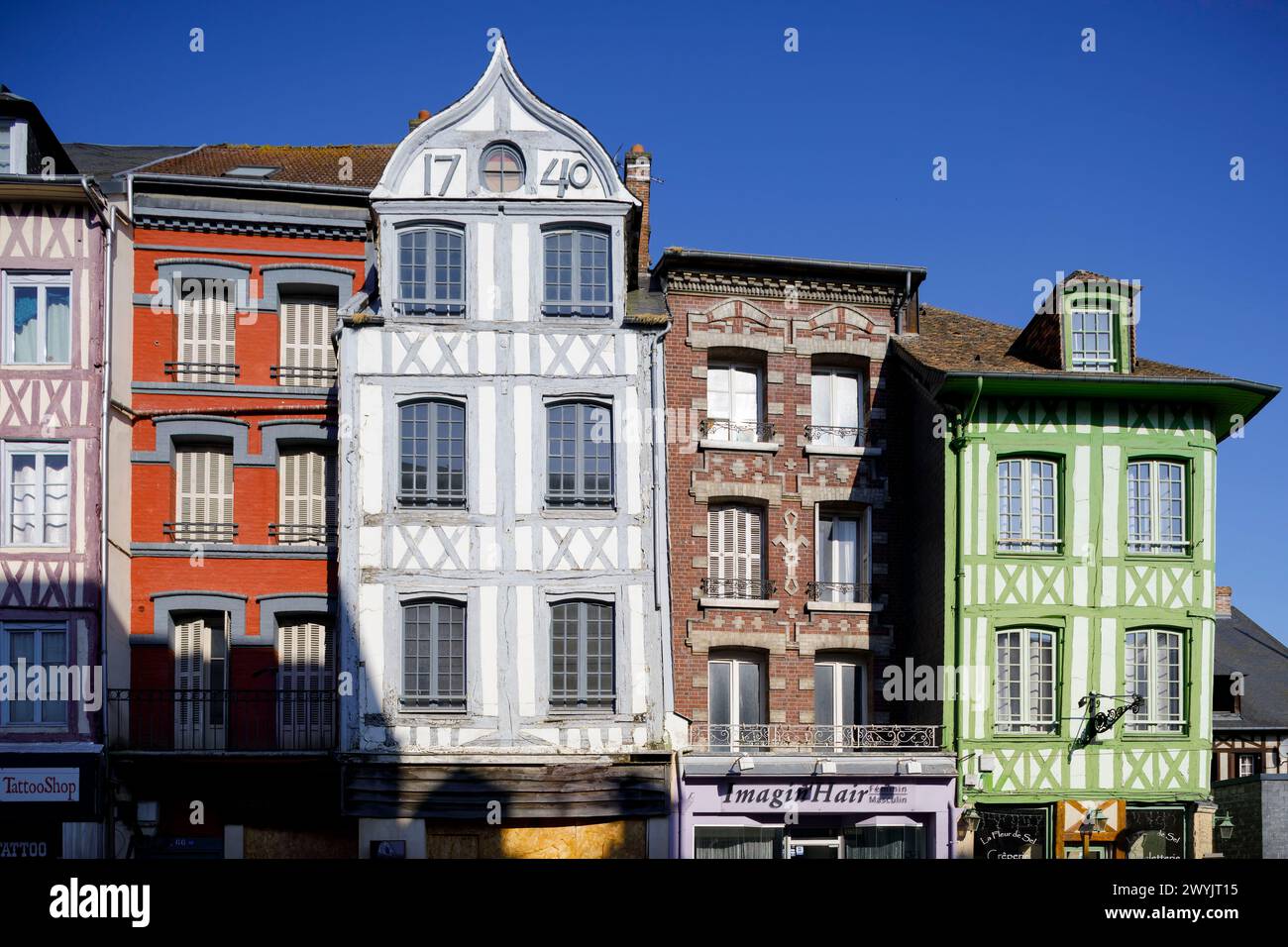 France, Seine-Maritime, Elbeuf-sur-Seine, designated as French Towns and Lands of Art and History, old half-timbered houses in Guynemer street Stock Photo