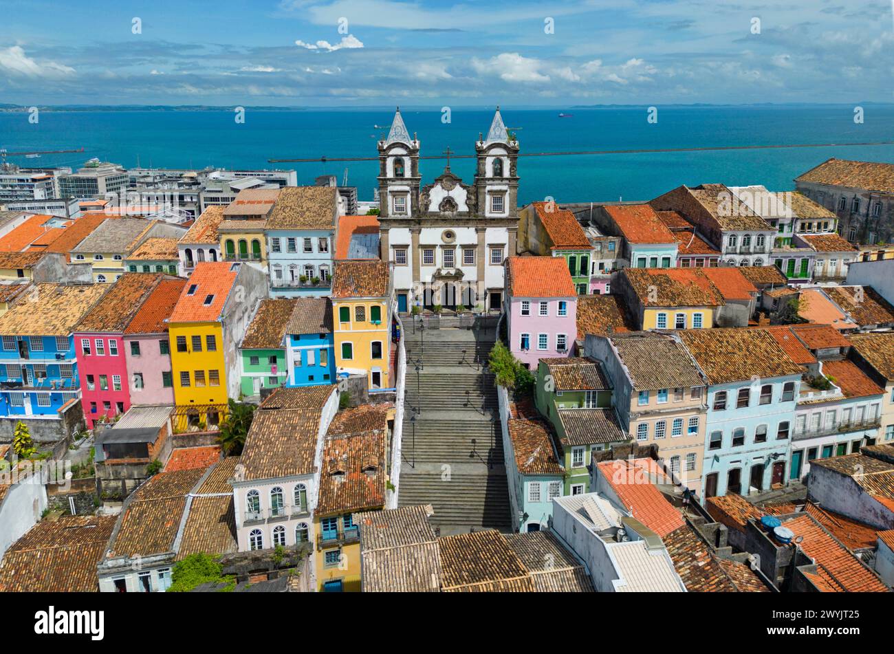 Brazil, state of Bahia, Salvador, historical center listed as World Heritage by UNESCO, Pelourinho district, Santissimo Sacramento do Passo church (aerial view) Stock Photo