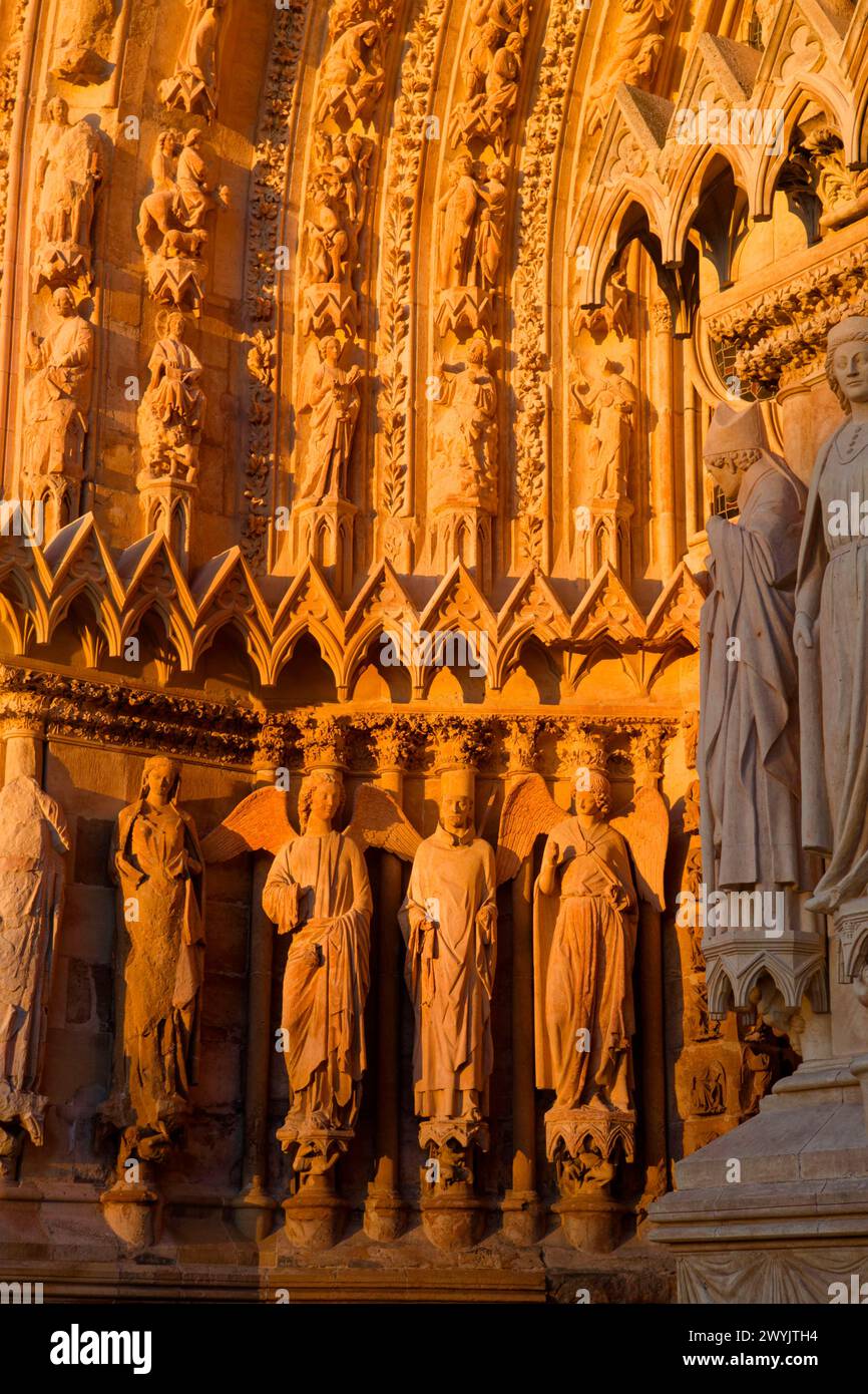 France, Marne, Reims, Notre Dame cathedral, listed as World Heritage by UNESCO, sculpture representing the angel with the smile on the left portal of the western frontage Stock Photo