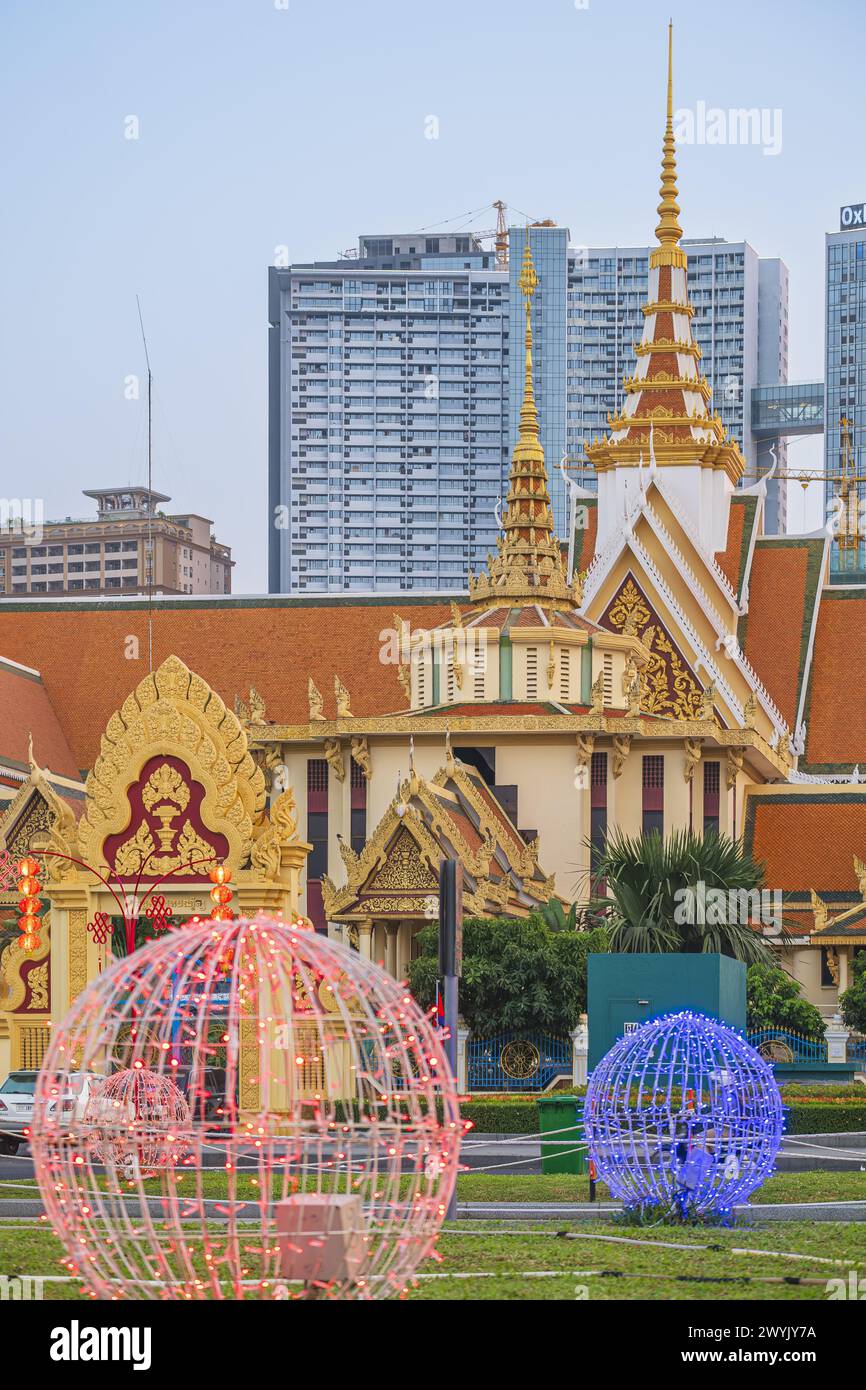 Cambodia, Phnom Penh, Chamkar Mon district, decoration for Chinese New Year in Hun Sen Park along Preah Suramarit Boulevard, the Buddhist Institute in the background Stock Photo