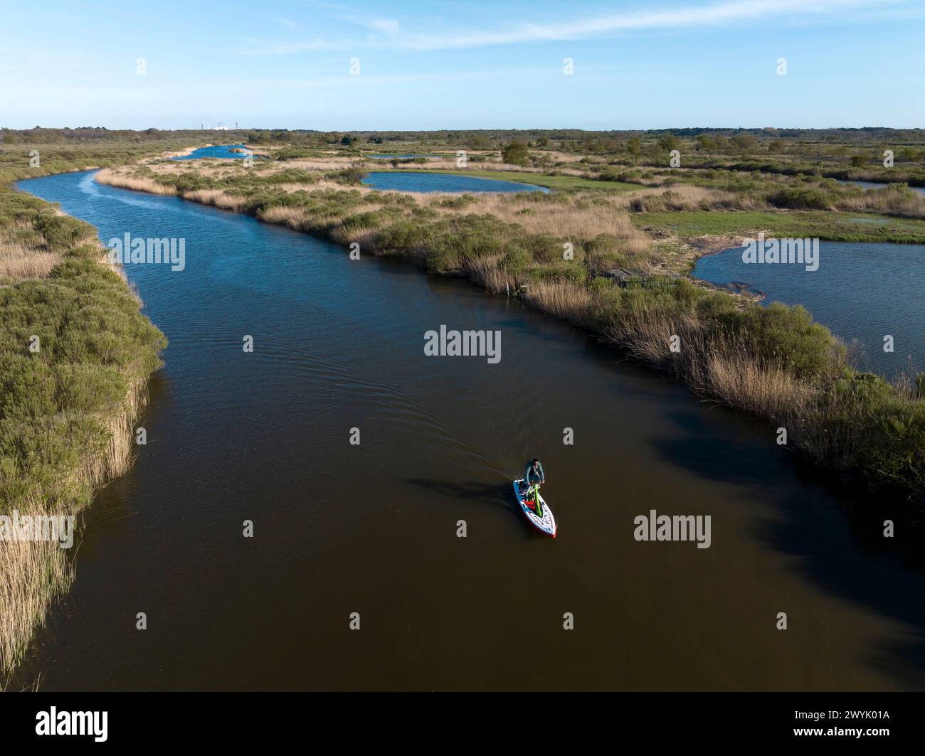 France, Gironde, Bassin d'Arcachon, Biganos, Leyre river delta, paddle bike (aerial view) Stock Photo