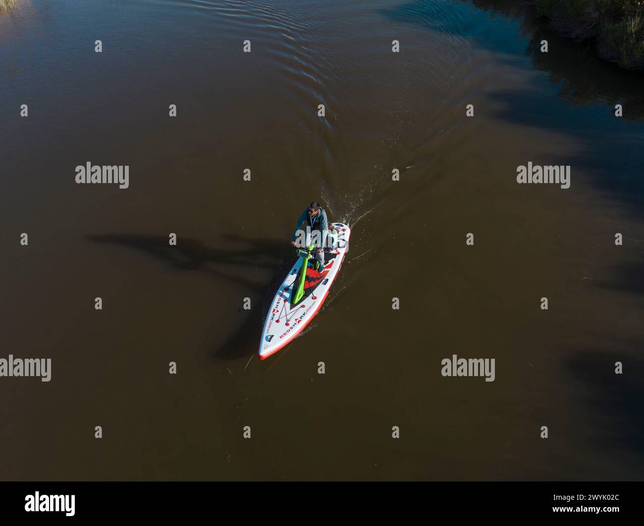 France, Gironde, Bassin d'Arcachon, Biganos, Leyre river delta, paddle bike (aerial view) Stock Photo