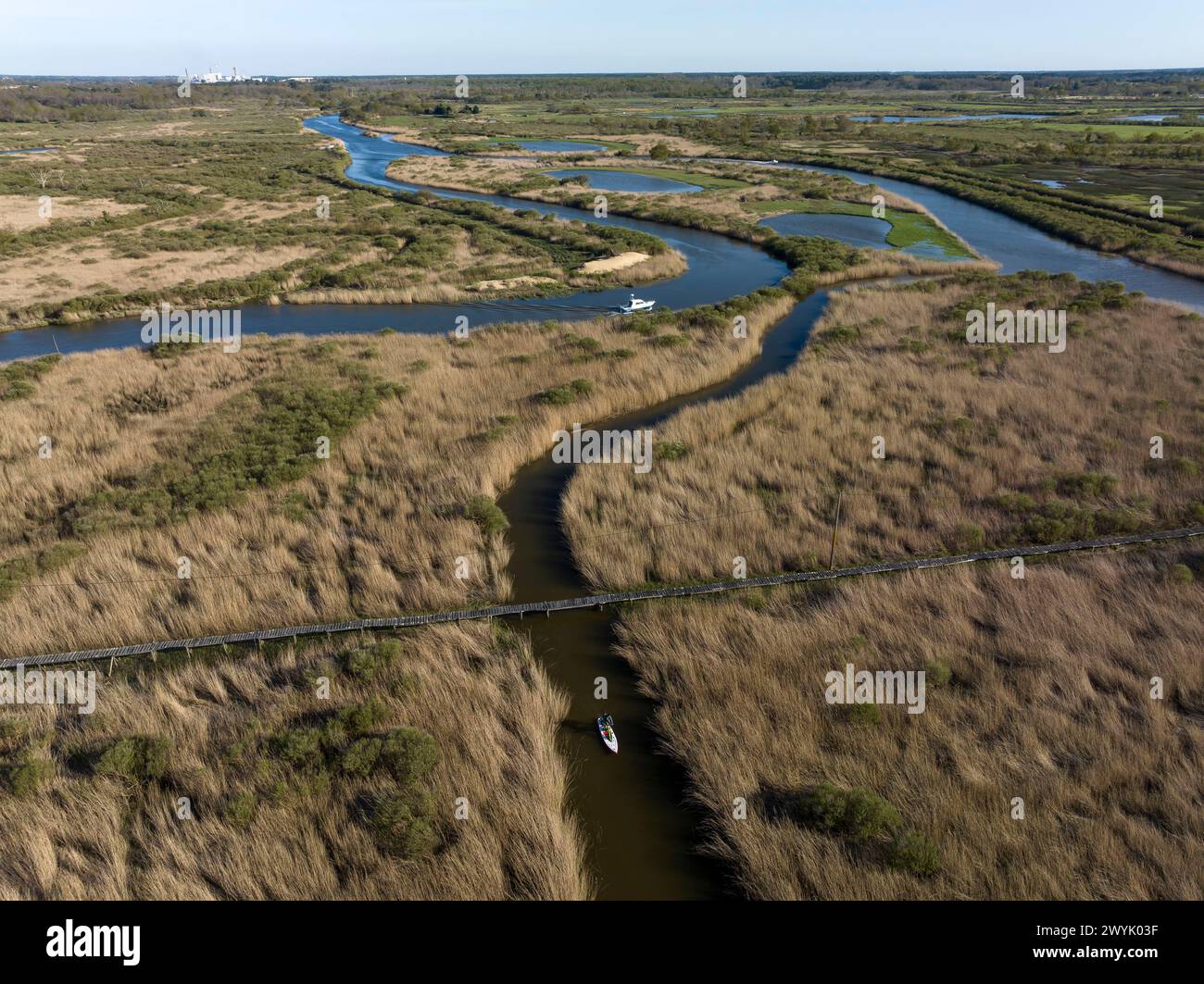 France, Gironde, Bassin d'Arcachon, Biganos, Leyre river delta, paddle bike (aerial view) Stock Photo