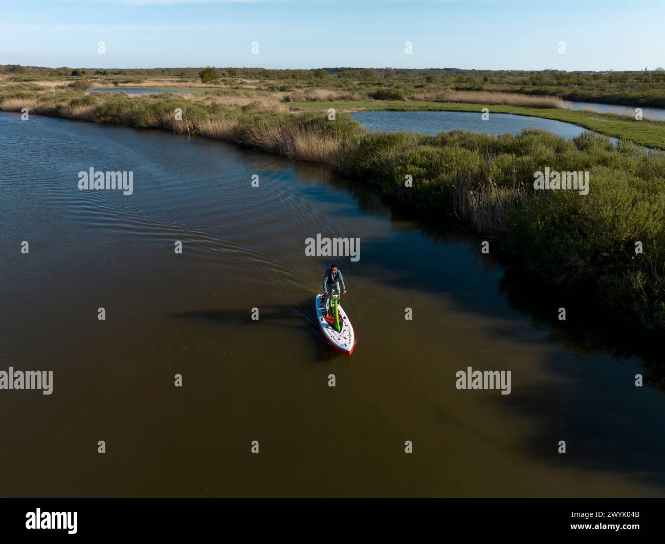 France, Gironde, Bassin d'Arcachon, Biganos, Leyre river delta, paddle bike (aerial view) Stock Photo