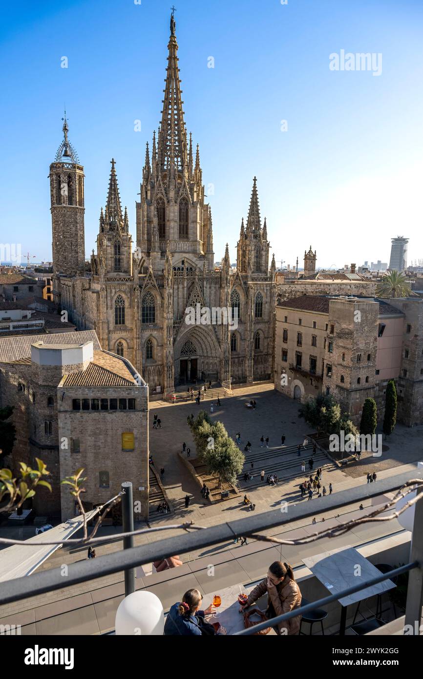 Spain, Catalonia, Barcelona, Barrio Gotico district, Metropolitan Basilica Cathedral of the Holy Cross and Saint Eulalia seen from the rooftop of the Hotel Colon Barcelona Stock Photo