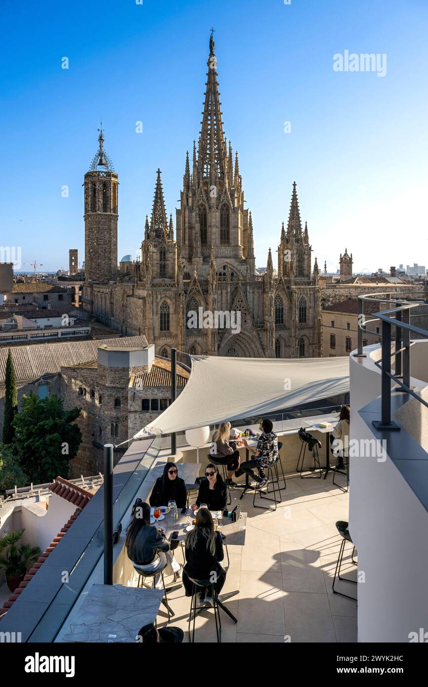 Spain, Catalonia, Barcelona, Barrio Gotico district, Metropolitan Basilica Cathedral of the Holy Cross and Saint Eulalia seen from the rooftop of the Hotel Colon Barcelona Stock Photo