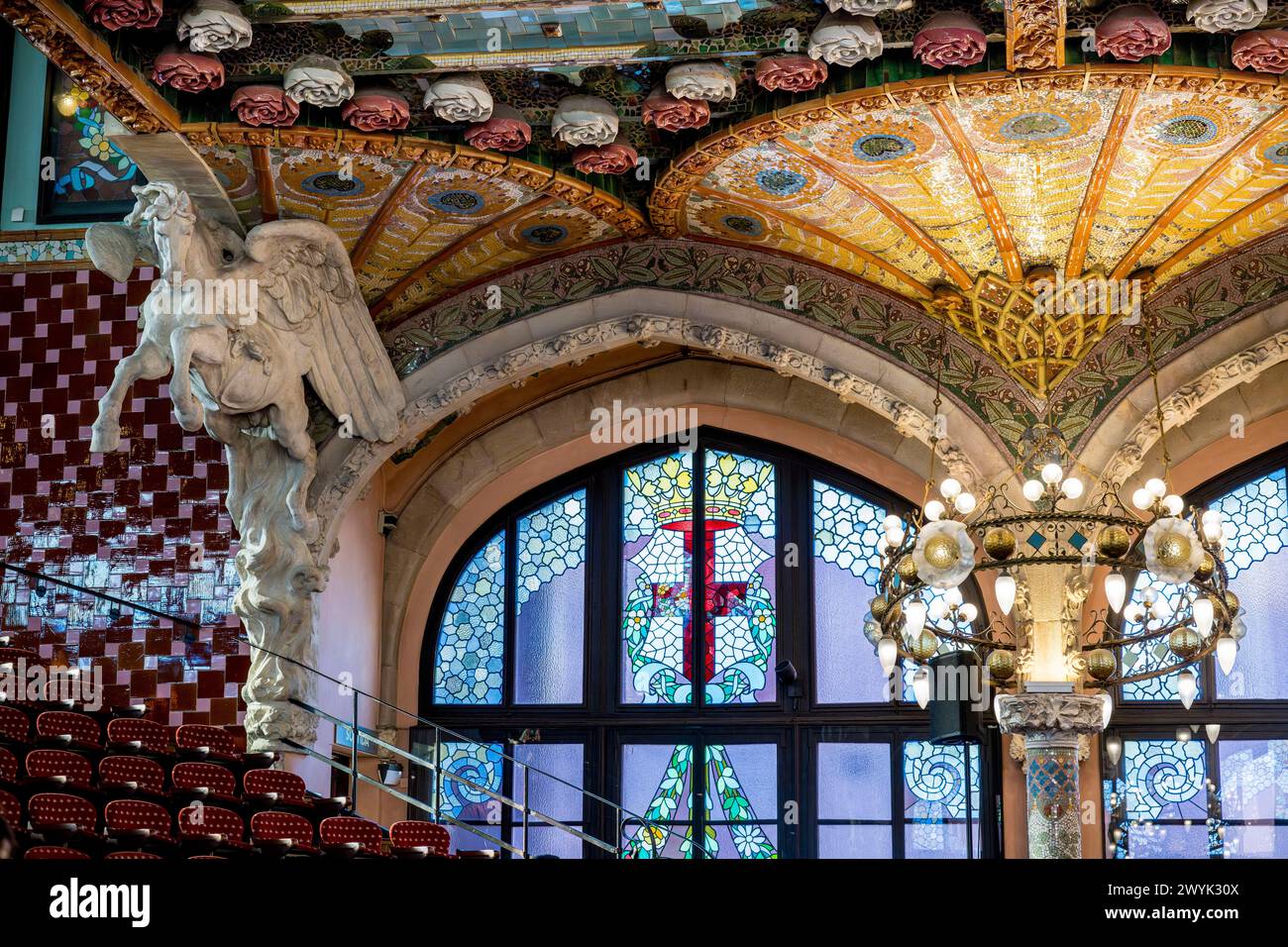 Spain, Catalonia, Barcelona, Palau de la Musica Catalana (Catalan Music Palace), concert hall designed by the architect of Catalan modernism Lluis Domènech i Montaner, a UNESCO World Heritage Site, Pegasus at the start of the second balcony Stock Photo
