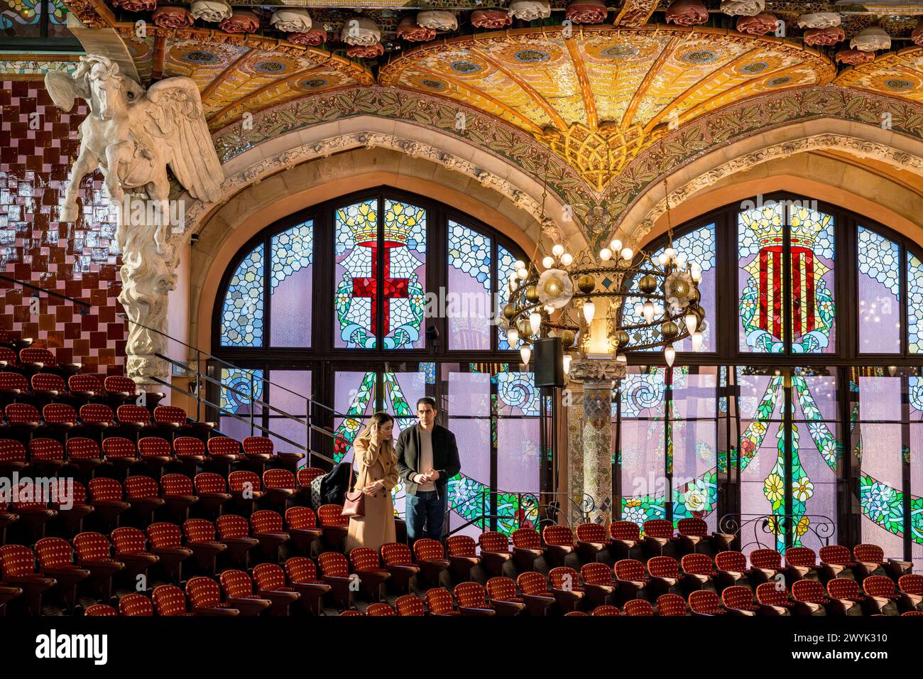 Spain, Catalonia, Barcelona, Palau de la Musica Catalana (Catalan Music Palace), concert hall designed by the architect of Catalan modernism Lluis Domènech i Montaner, a UNESCO World Heritage Site, Pegasus at the start of the second balcony Stock Photo