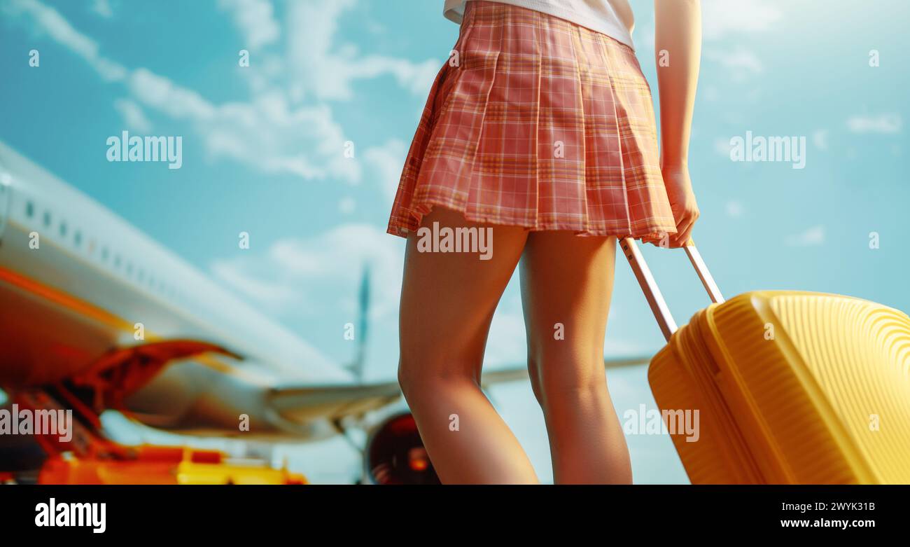 Go on an adventure. Legs of young woman with suitcase at the airport. Stock Photo