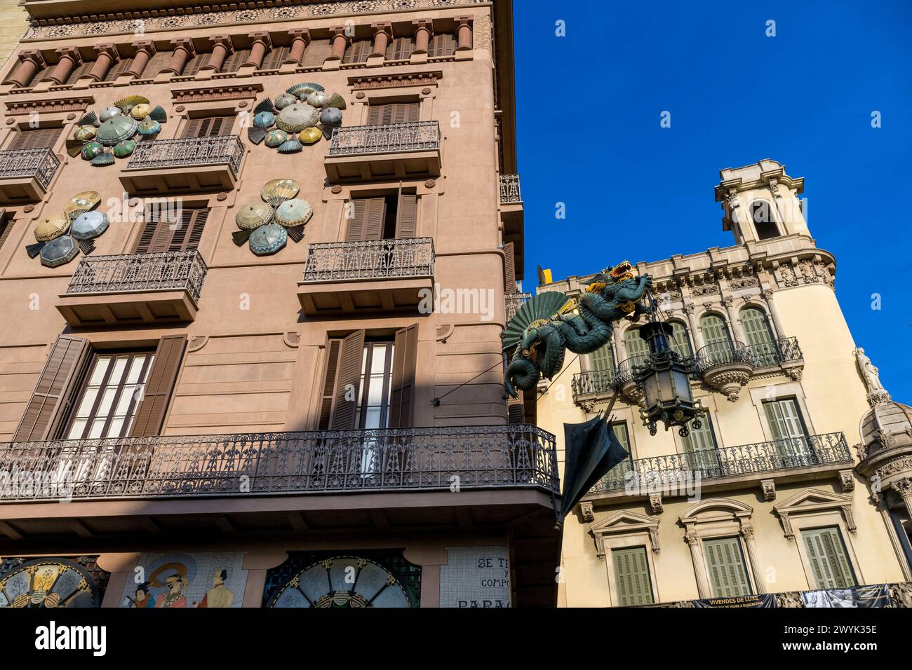 Spain, Catalonia, Barcelona, Las Ramblas District, the Casa Quadros at 82 Las Ramblas by the Catalan modernist architect Josep Vilaseca (1891-1896), former umbrella shop Stock Photo