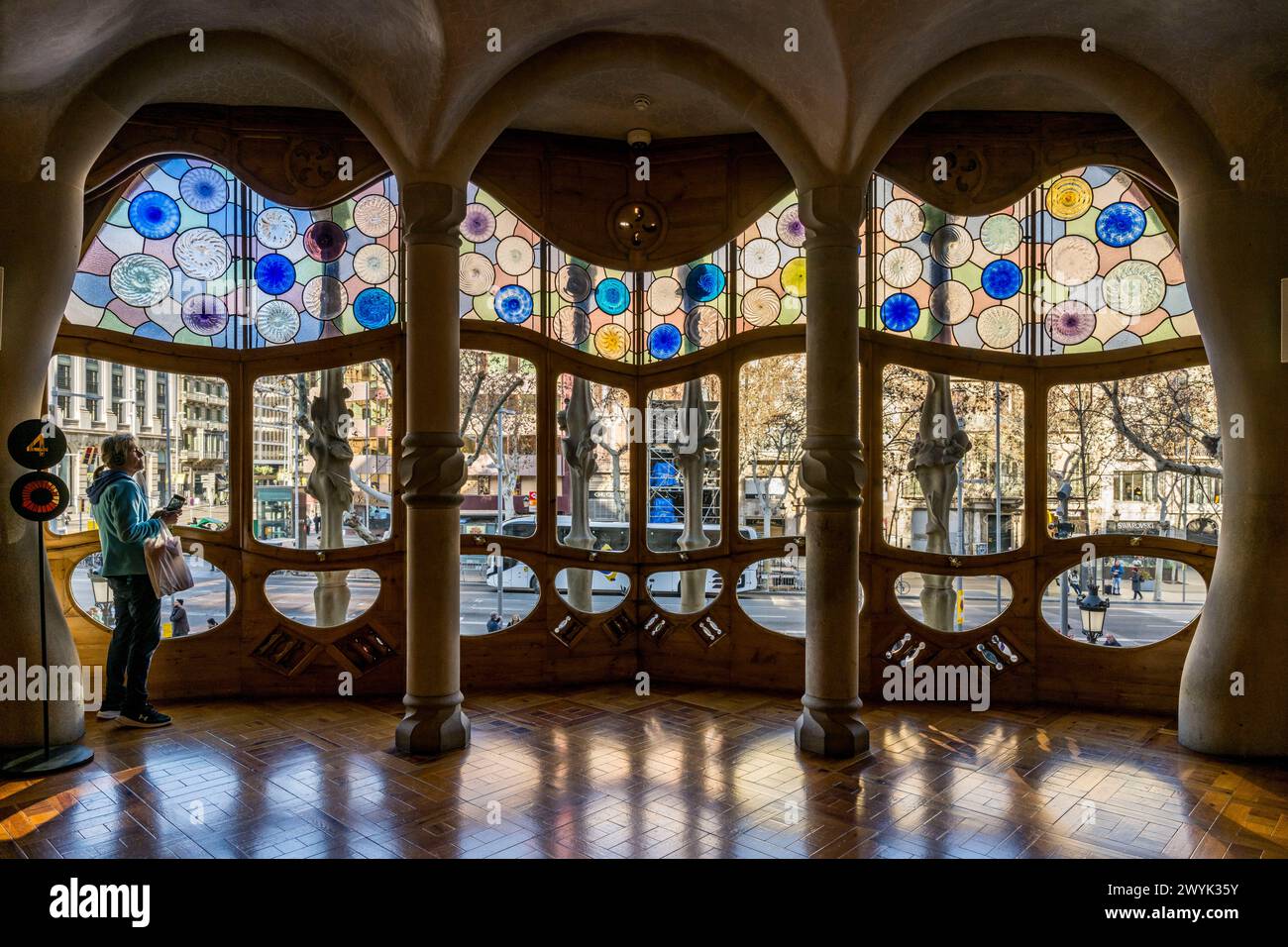 Spain, Catalonia, Barcelona, Eixample district, Passeig de Gracia, Casa Batllo by Catalan modernist architect Antoni Gaudi, UNESCO World Heritage site, central lounge and its glass roof with a sinuous profile designed to see without being seen using oculus placed in the lower part Stock Photo