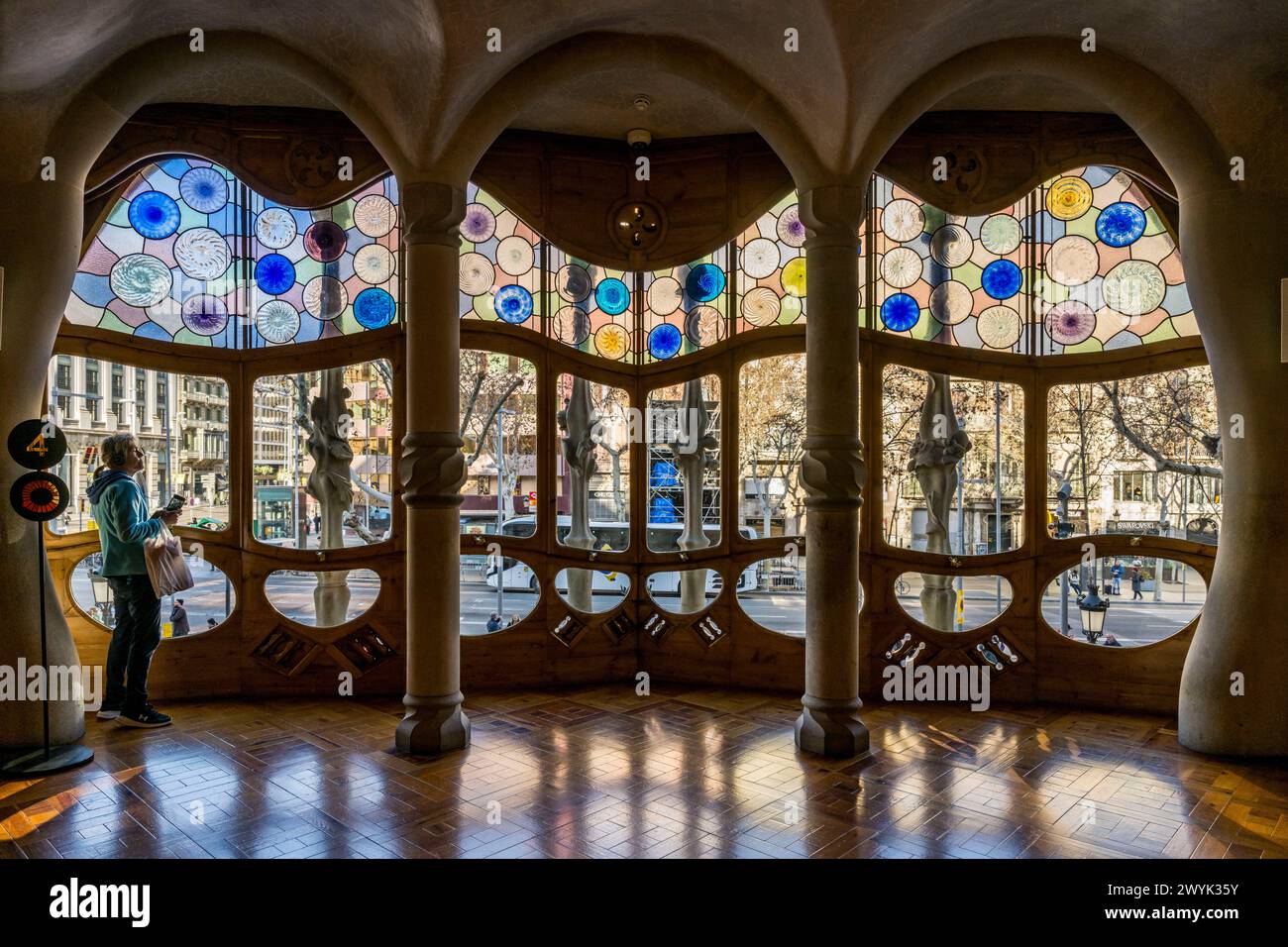 Spain, Catalonia, Barcelona, Eixample district, Passeig de Gracia, Casa Batllo by Catalan modernist architect Antoni Gaudi, UNESCO World Heritage site, central lounge and its glass roof with a sinuous profile designed to see without being seen using oculus placed in the lower part Stock Photo