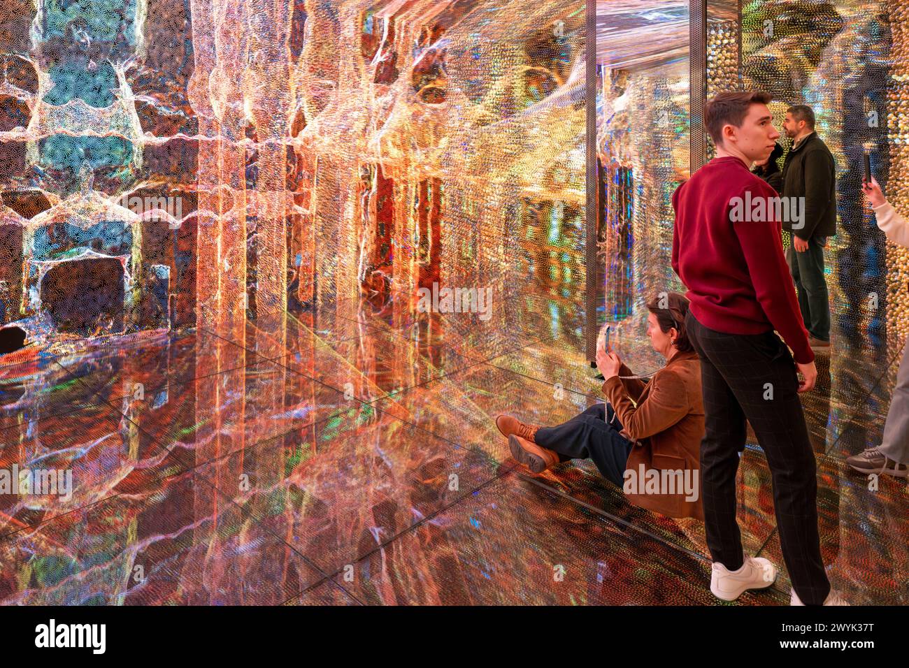 Spain, Catalonia, Barcelona, Eixample district, Passeig de Gracia, Casa Batllo by Catalan modernist architect Antoni Gaudi, UNESCO World Heritage site, In the Mind of Gaudi in the Gaudi Cube, a real 360º experience by new media artist Refik Anadol Stock Photo