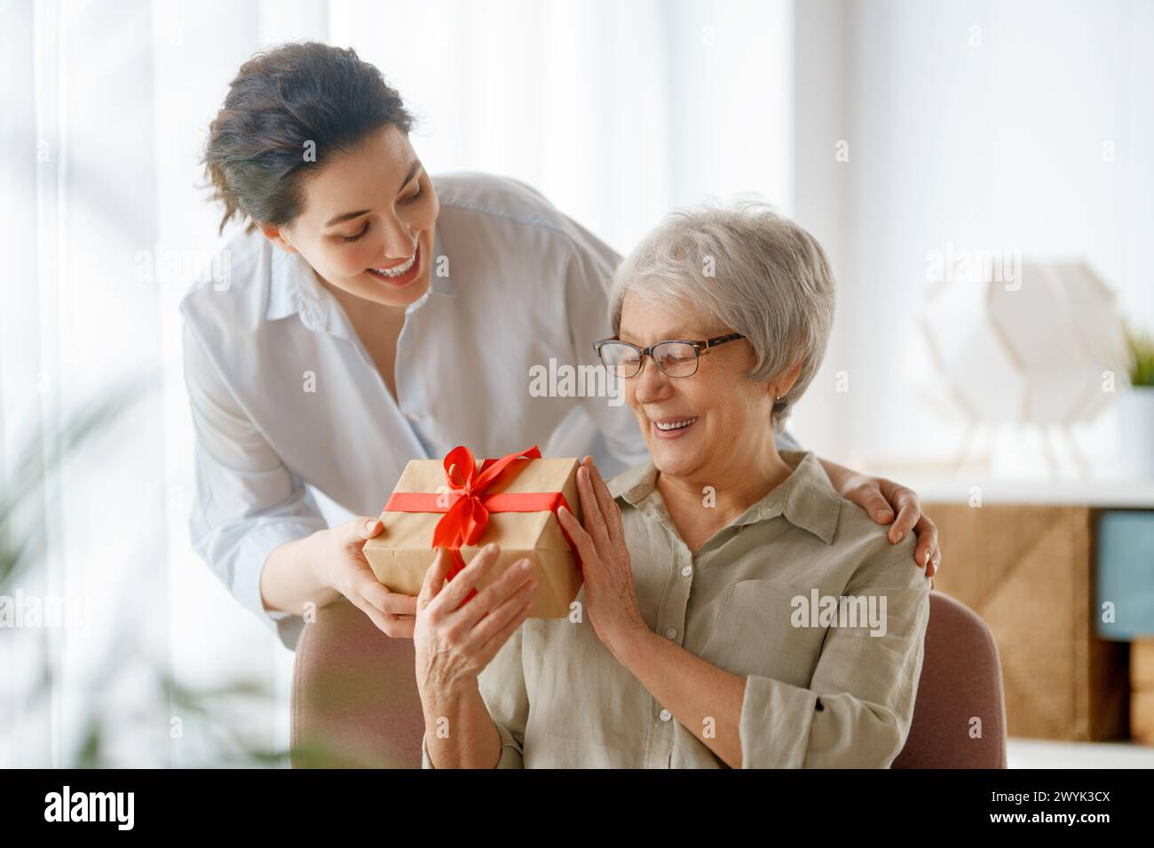 Beautiful young woman congratulating mother and giving her gift. Stock Photo