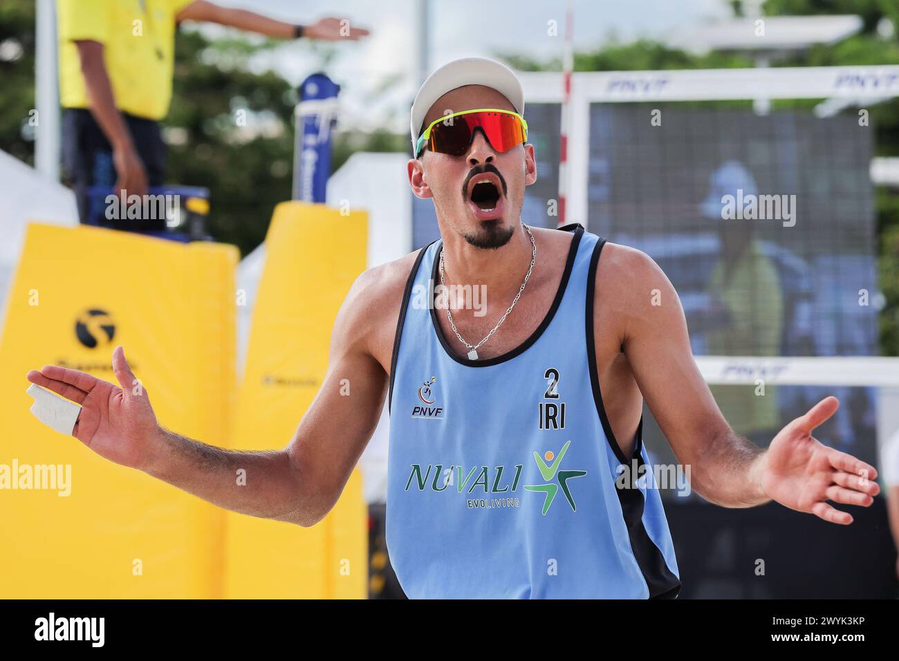 Laguna Province, Philippines. 7th Apr, 2024. Alireza Aghajanighasab celebrates scoring during the men's final match between Abbas Pourasgari/Alireza Aghajanighasab of Iran and Pithak Tipjan/Poravid Taovato of Thailand at the Asian Volleyball Confederation (AVC) Beach Volleyball Tour Nuvali Open in Laguna Province, the Philippines, on April 7, 2024. Credit: Rouelle Umali/Xinhua/Alamy Live News Stock Photo