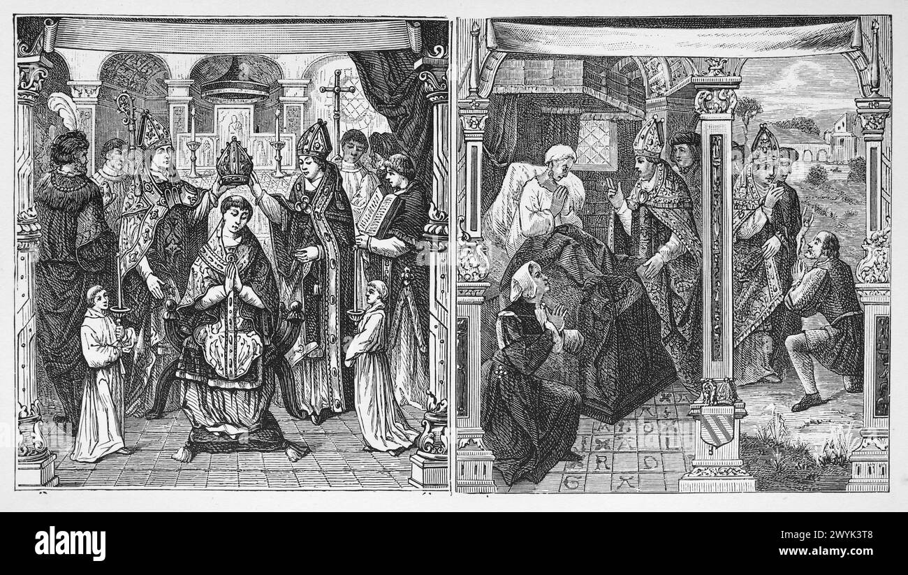The Consecration of St Martin as Bishop 371CE; and St Martin healing a paralytic: From a 16th century tapestry at Montpezat. Engraving from Lives of the Saints (November Part 1) by the Reverend Sabin Baring-Gould, published 1898 Stock Photo