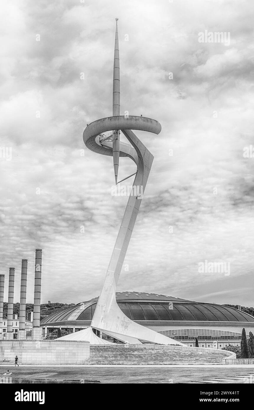 BARCELONA - AUGUST 11: Communications Tower, aka Torre Telefonica, designed by the starchitect S. Calatrava and located in the Olympic park of Montjui Stock Photo