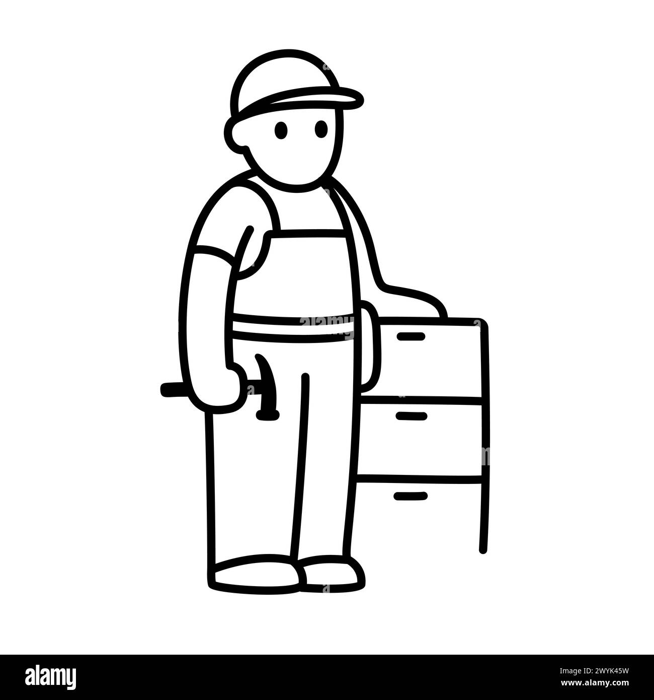 Carpenter, cabinet maker doodle icon. Cute cartoon hand drawn character with hammer and cabinet furniture. Black and white line art, vector illustrati Stock Vector