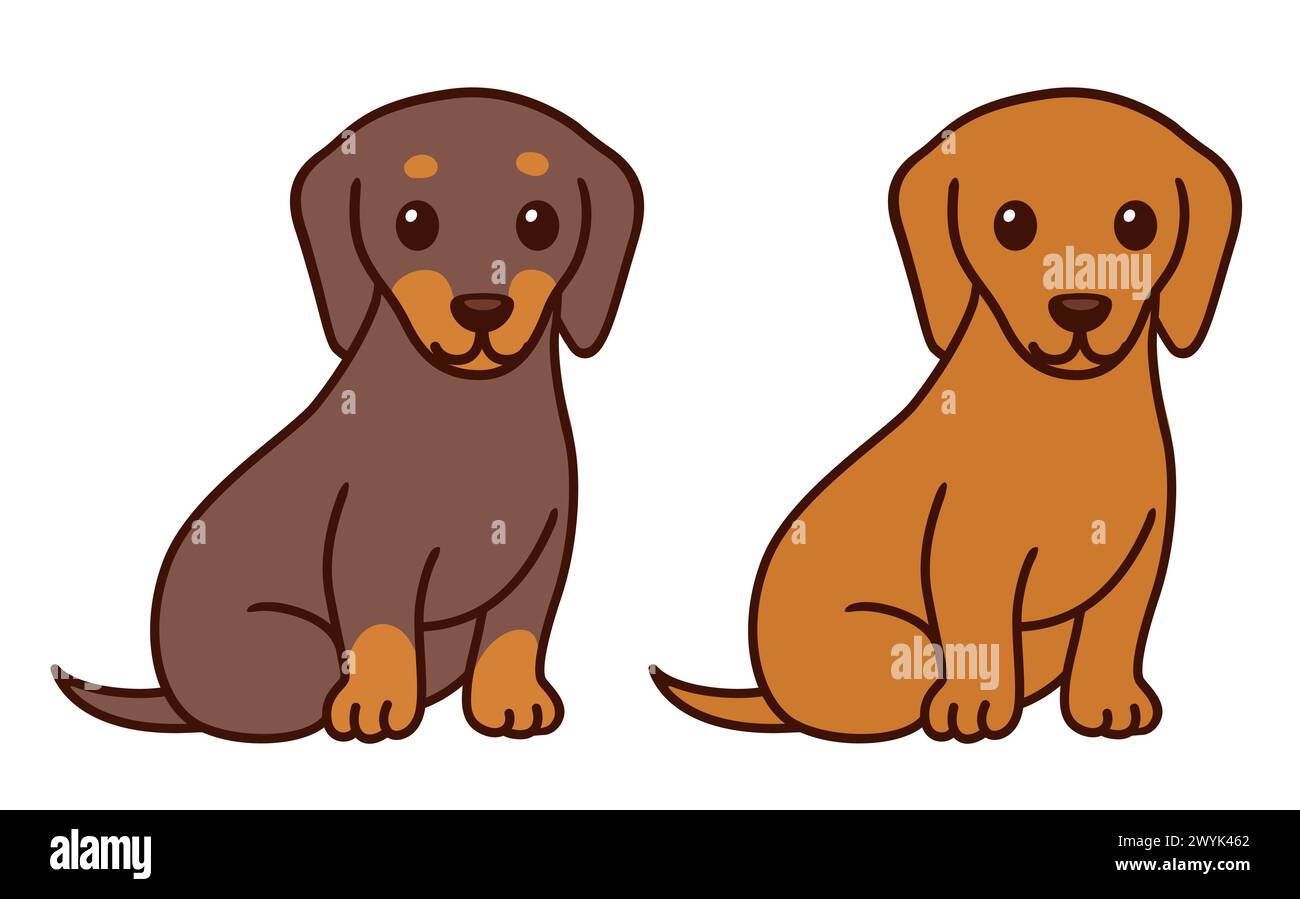 Two cartoon Dachshunds sitting, black and brown. Cute pet dog drawing, simple vector illustration. Stock Vector