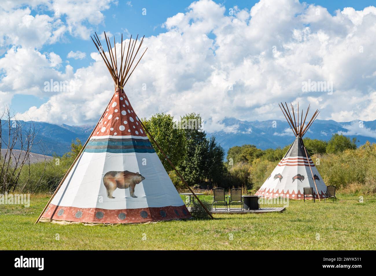 Replica Native American teepees for camping at an RV park in Baker City, Oregon Stock Photo