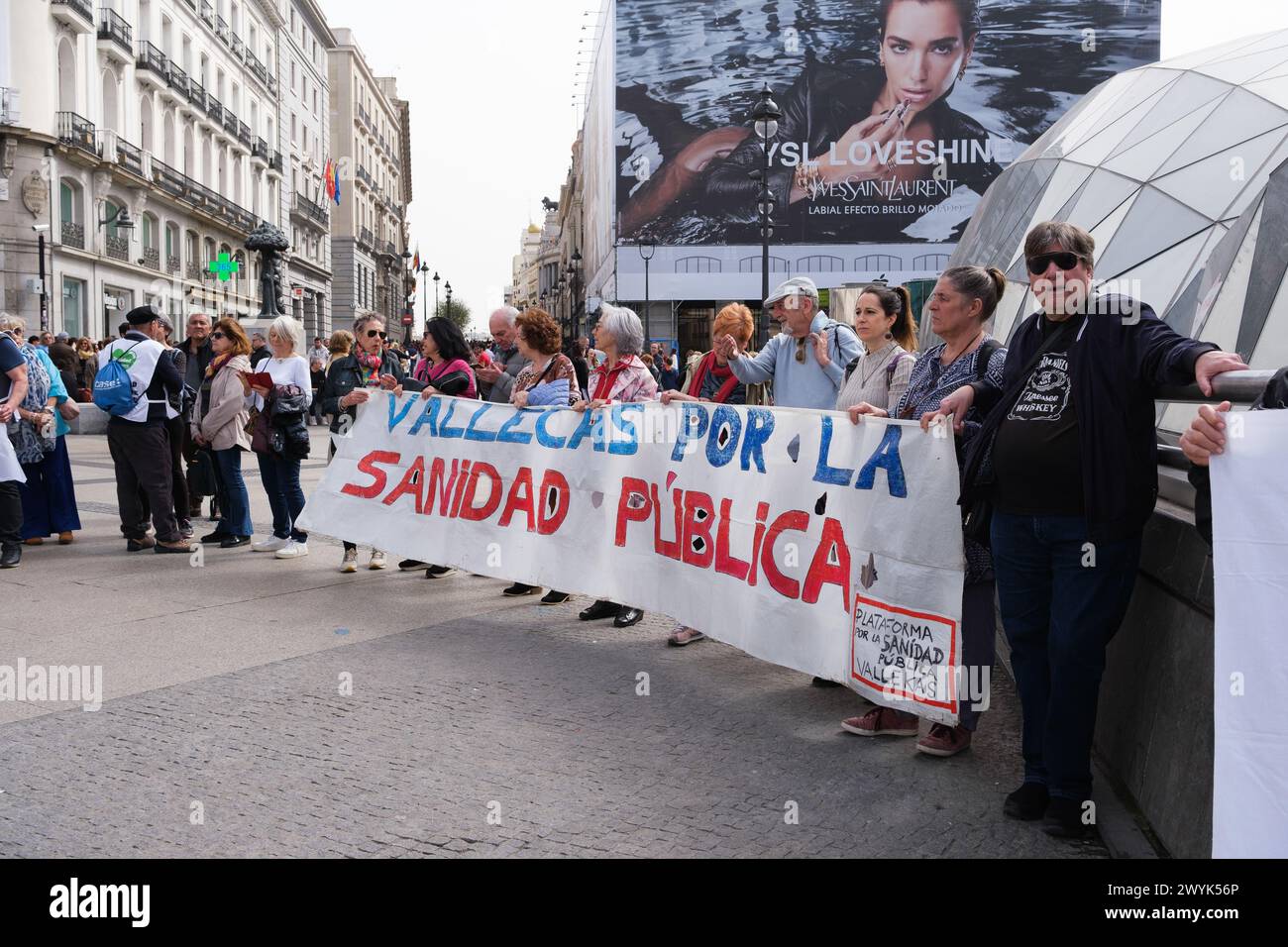 Several people during the rally demanding a 100% public and quality European healthcare system, at Puerta del Sol, on April 7, 2024, in Madrid, Spain. Stock Photo