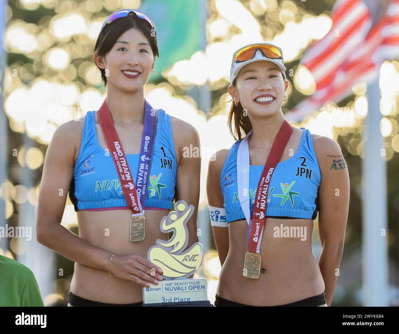 Laguna Province, Philippines. 7th Apr, 2024. Women's bronze medalists Hashimoto Suzuka (L)/Murakami Reika of Japan pose for photos during the awarding ceremony of the Asian Volleyball Confederation (AVC) Beach Volleyball Tour Nuvali Open in Laguna Province, the Philippines, on April 7, 2024. Credit: Rouelle Umali/Xinhua/Alamy Live News Stock Photo