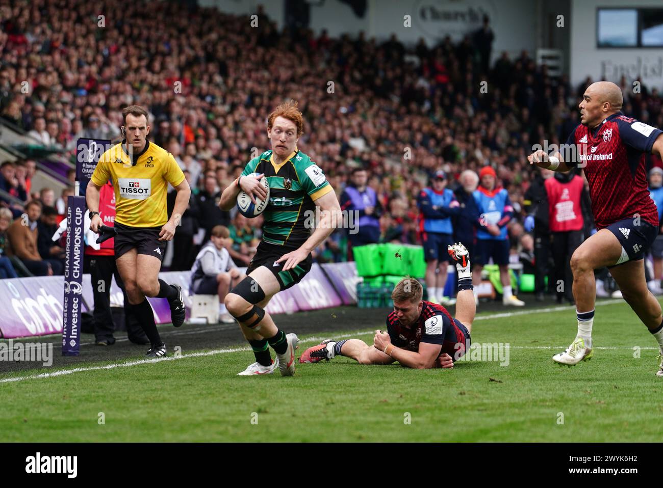 Northampton Saints' George Hendy on his way to scoring his side's fourth try during the ECPR Challenge Cup match at cinch Stadium at Franklin's Gardens, Northampton. Picture date: Sunday April 7, 2024. Stock Photo