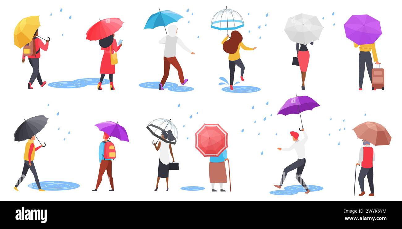 People with umbrellas set, back view. Male and female pedestrians holding parasol, young and elderly characters walking in rain through puddles, carrying bag and suitcase cartoon vector illustration Stock Vector