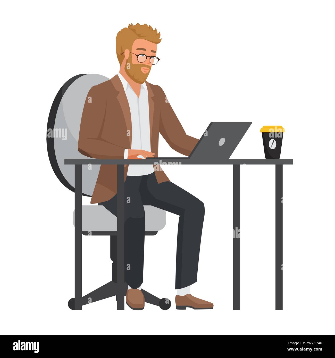 Teacher sitting at table with laptop and cup of coffee, expert working ...